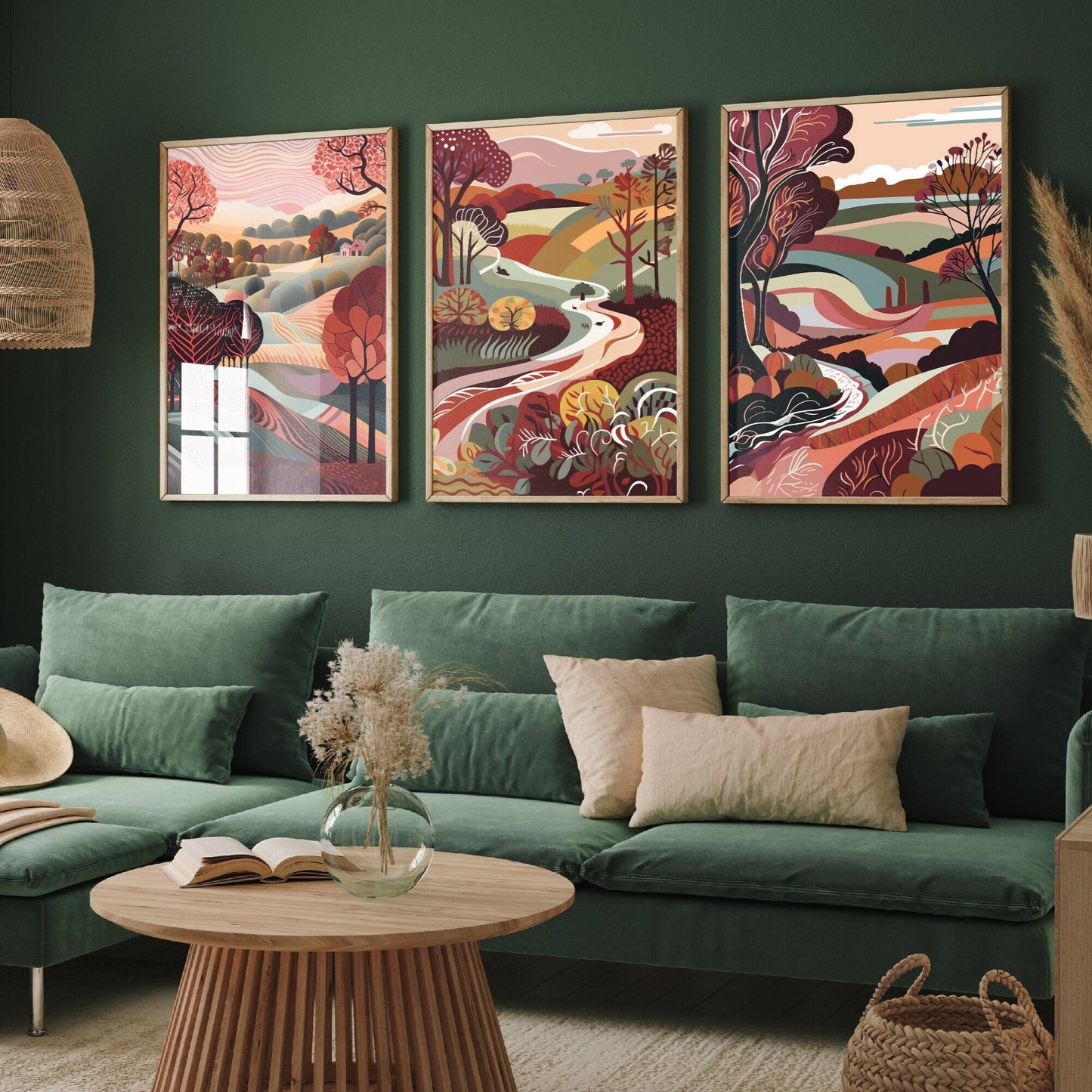 Landscape Illustrations in Maroon - Set of Three Abstract Prints - Yorkshire Dales, North Poster, Wales Art, Painting Valley Settle Skipton