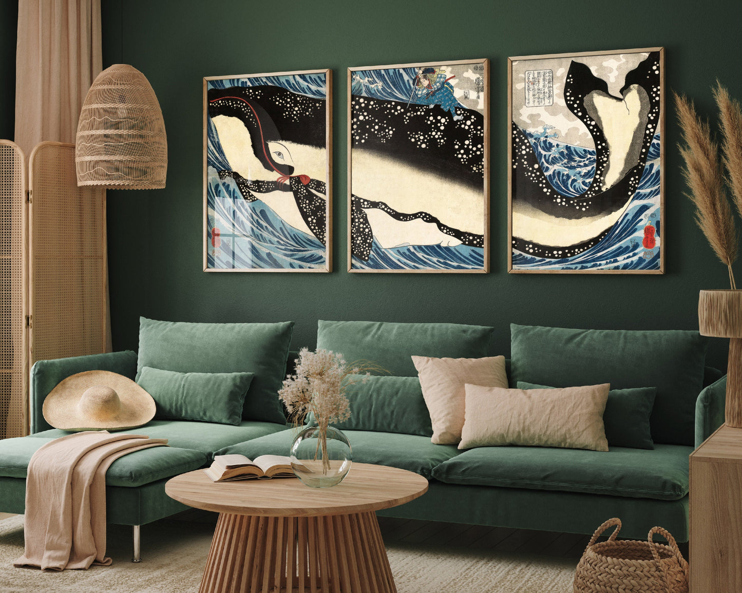 Set of Three Utagawa Kuniyoshi Art Prints - Miyamoto Musashi Attacking a Giant Whale - Vintage Japan Ukiyo-e - 3 Paintings Photo Poster Gift