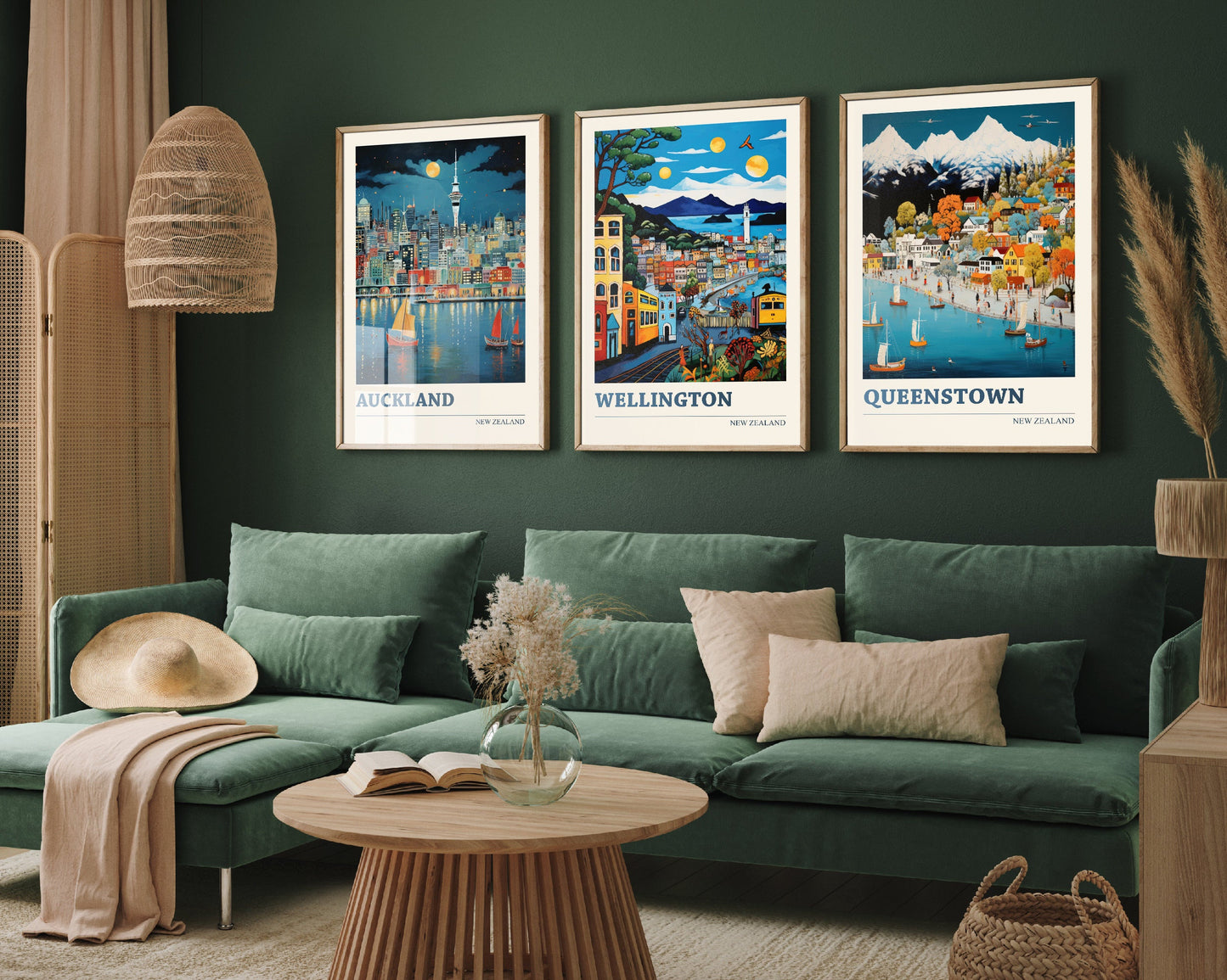 Set of Three New Zealand Travel Posters - Auckland, Wellington, Queenstown - 3 Modern Art Prints - Photo Painting Illustration Gift Map Kiwi