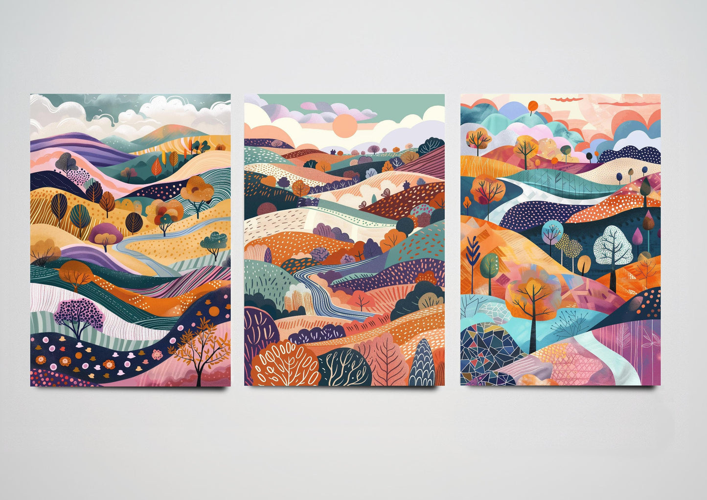 Purple Flowing English Landscapes - Set of Three Abstract Prints - Malham Appletreewick, Poster, Art, Painting Valley Yorkshire Dales