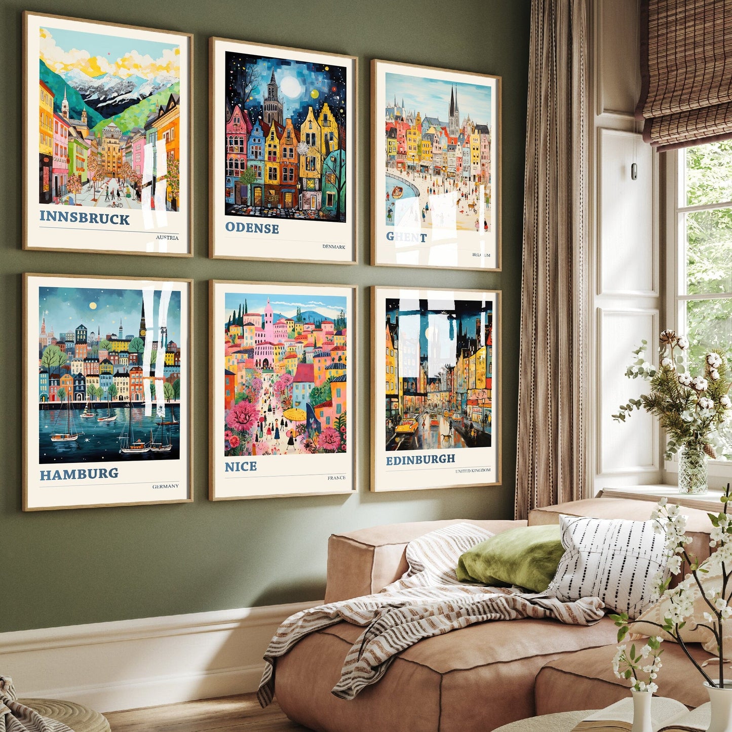Set of Six Secondary European City Travel Posters - 6 Art Prints - Photo Painting Wall Gift Giclée - Innsbruck, Odense, Ghent, Hamburg