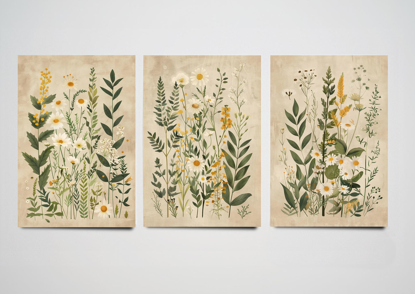 Set of Three Vintage Wildflower Prints - Set of 3 Floral Plants - Paintings Photo Poster Wall Art Gift Museum Giclee Green Daisies Botanical