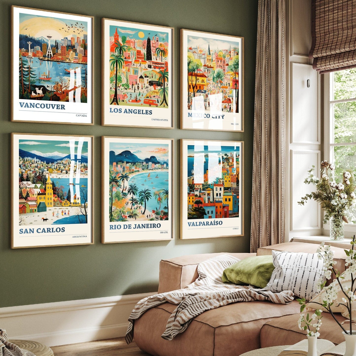 Set of Six South and North American City Travel Posters - 6 Art Prints - Photo Painting Wall Gift Giclée - America, USA, Canada, Mexico