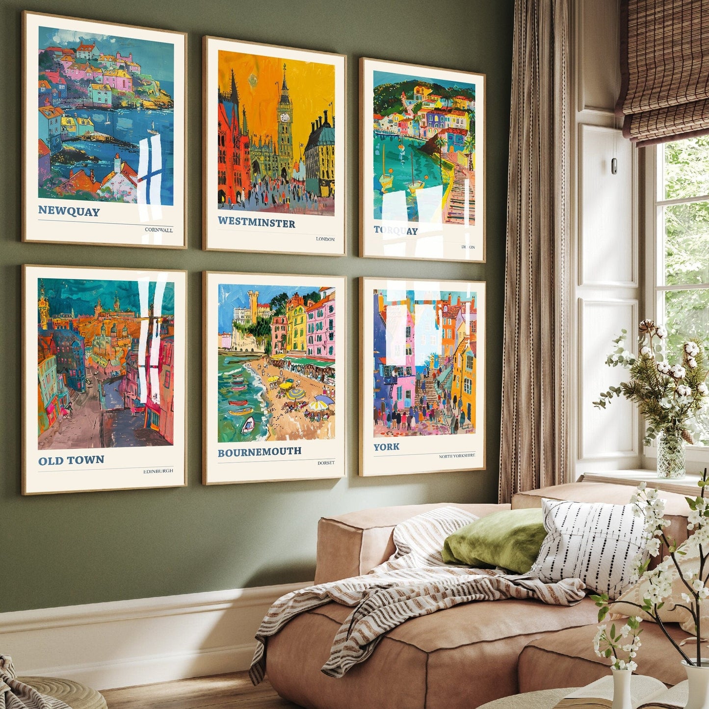 Set of Six UK City Travel Posters - 6 Art Prints - Photo Painting Wall Gift Giclée - United Kingdom Cities, London, Edinburgh, Newquay
