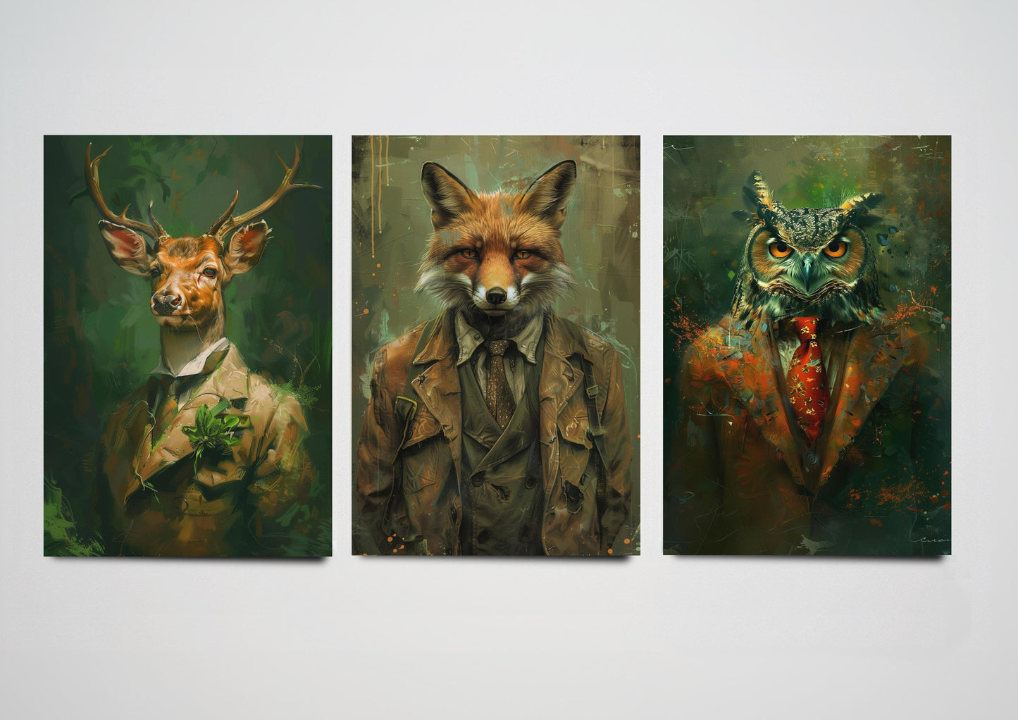 Set of Three Woodland Animals Wearing Suits Paintings - 3 Deer Fox Owl Art Prints - Photo Poster Wall Gift Giclée Décor