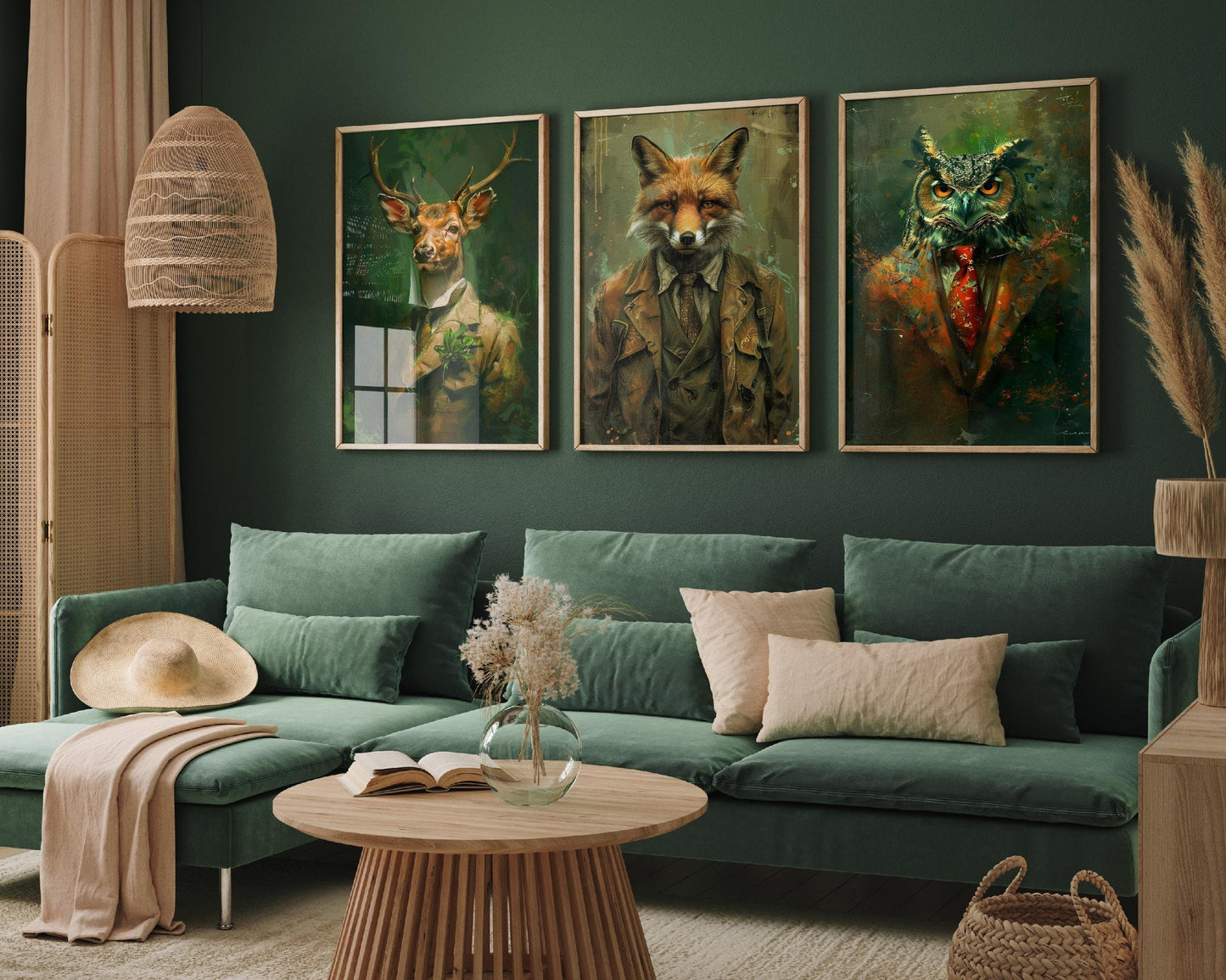 Set of Three Woodland Animals Wearing Suits Paintings - 3 Deer Fox Owl Art Prints - Photo Poster Wall Gift Giclée Décor