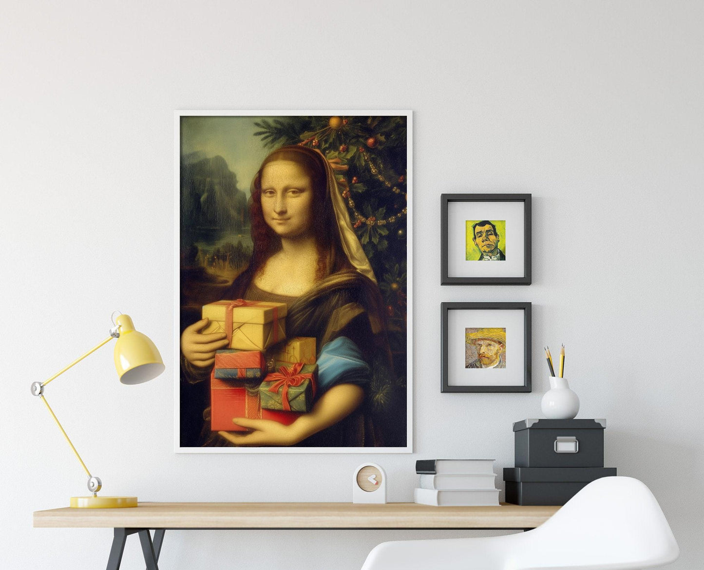 The Mona Gifting Christmas Presents - Leonardo da Vinci Inspired Funny Print - Painting Reimagined - Photo Poster Art Gift XMAS Gift Idea