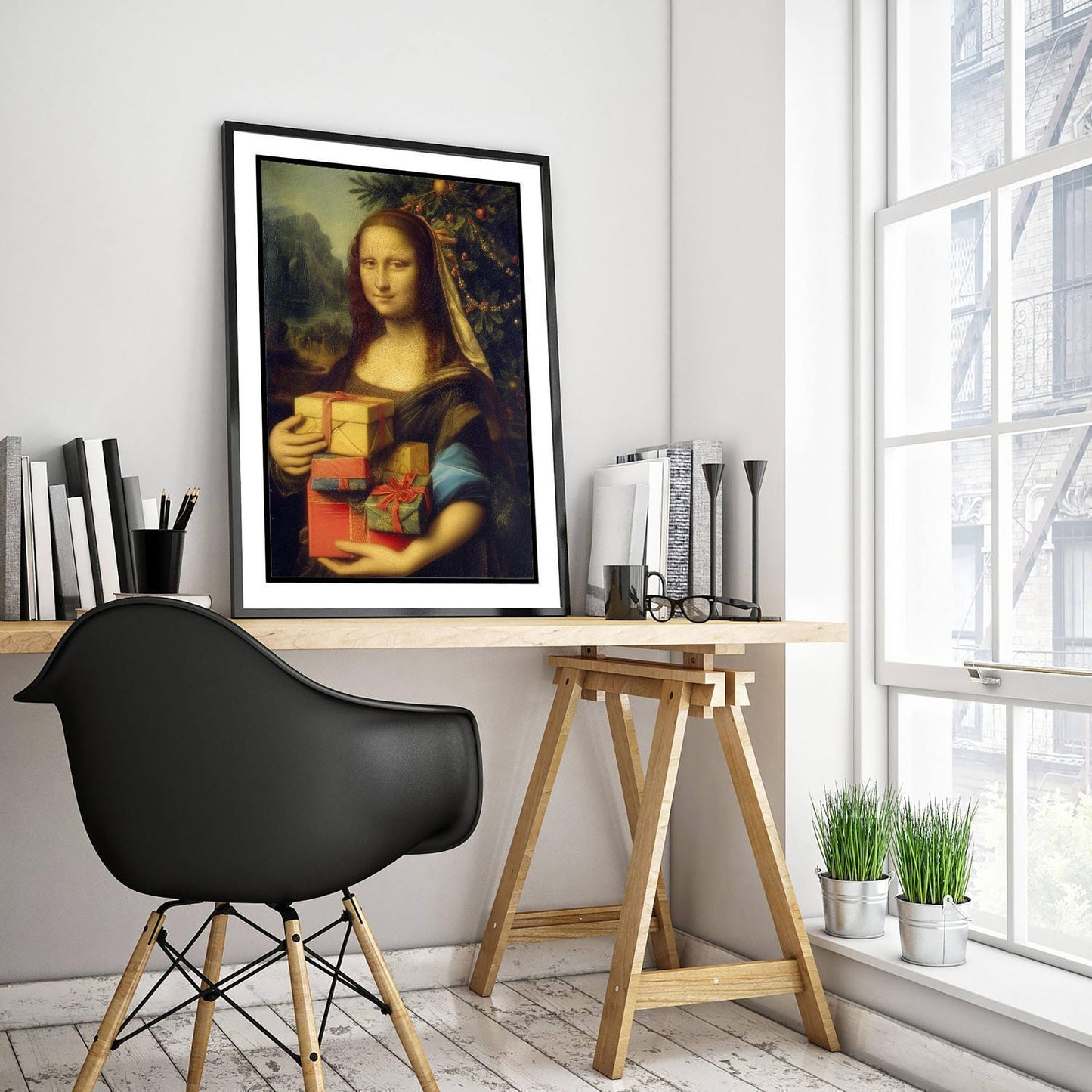 The Mona Gifting Christmas Presents - Leonardo da Vinci Inspired Funny Print - Painting Reimagined - Photo Poster Art Gift XMAS Gift Idea