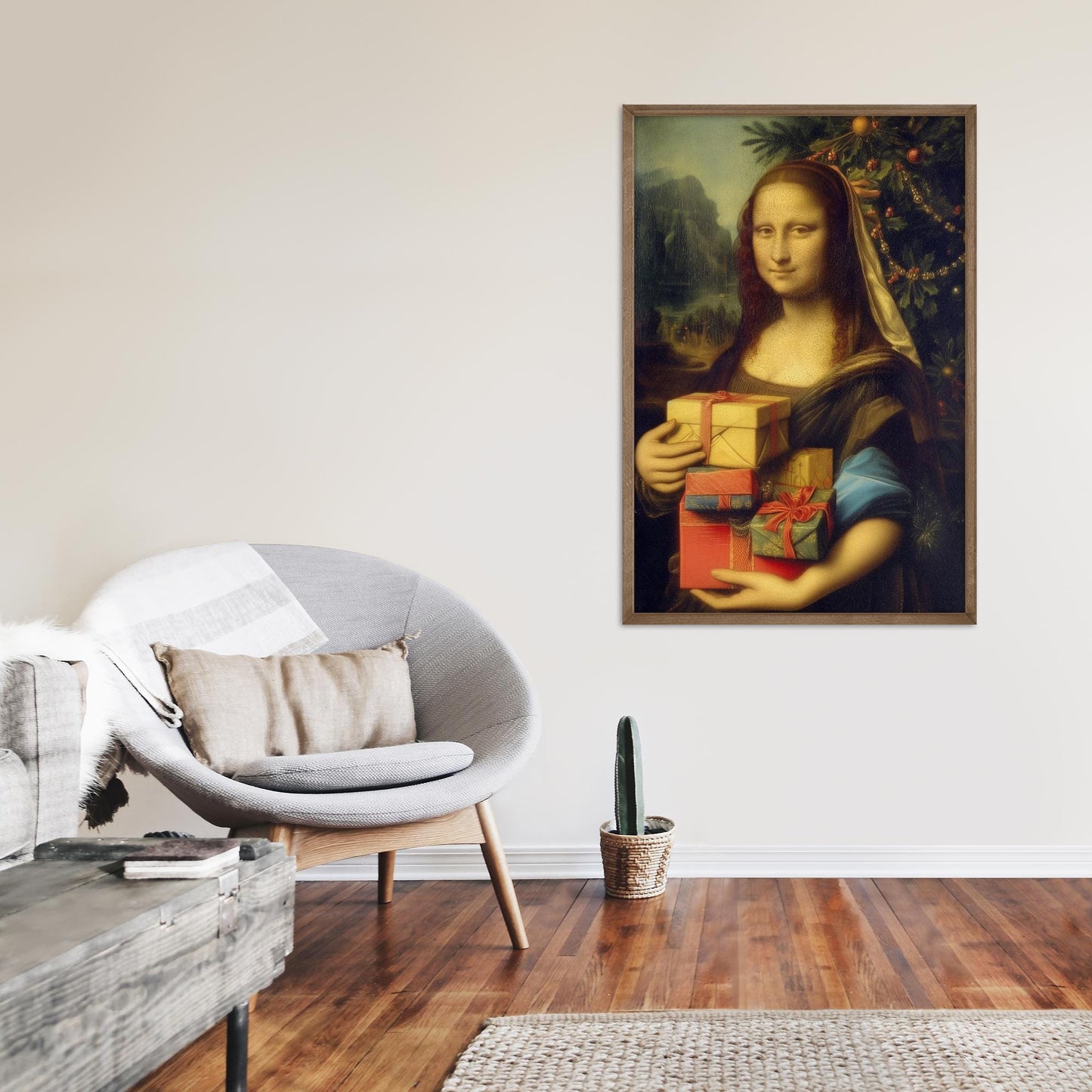 The Mona Gifting Christmas Presents - Leonardo da Vinci Inspired Funny Print - Painting Reimagined - Photo Poster Art Gift XMAS Gift Idea