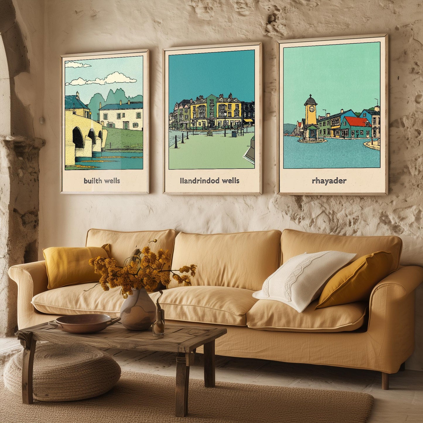 Towns of Mid Wales - Set of Three Art Prints - 3 Posters - Llandrindod Wells, Builth Wells, Rhayader - Painting Illustrations Travel Powys