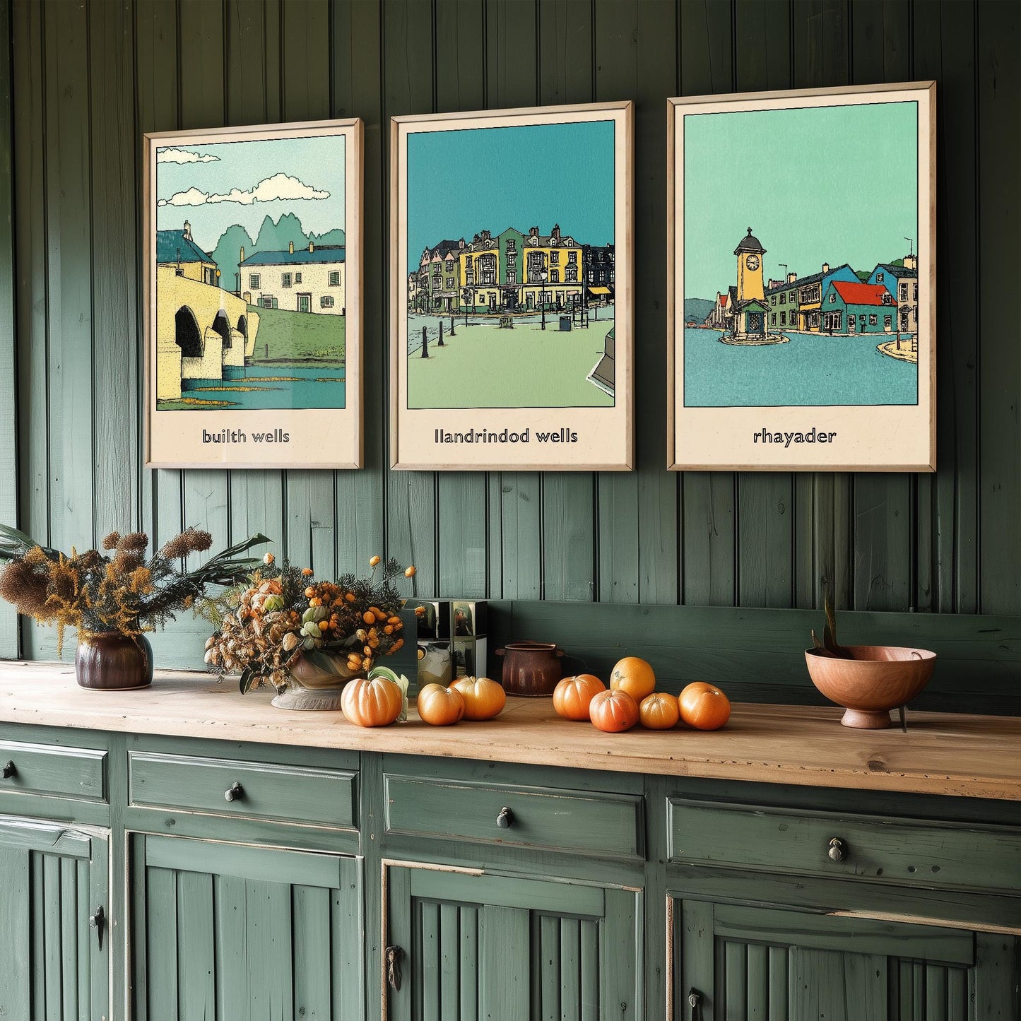 Towns of Mid Wales - Set of Three Art Prints - 3 Posters - Llandrindod Wells, Builth Wells, Rhayader - Painting Illustrations Travel Powys
