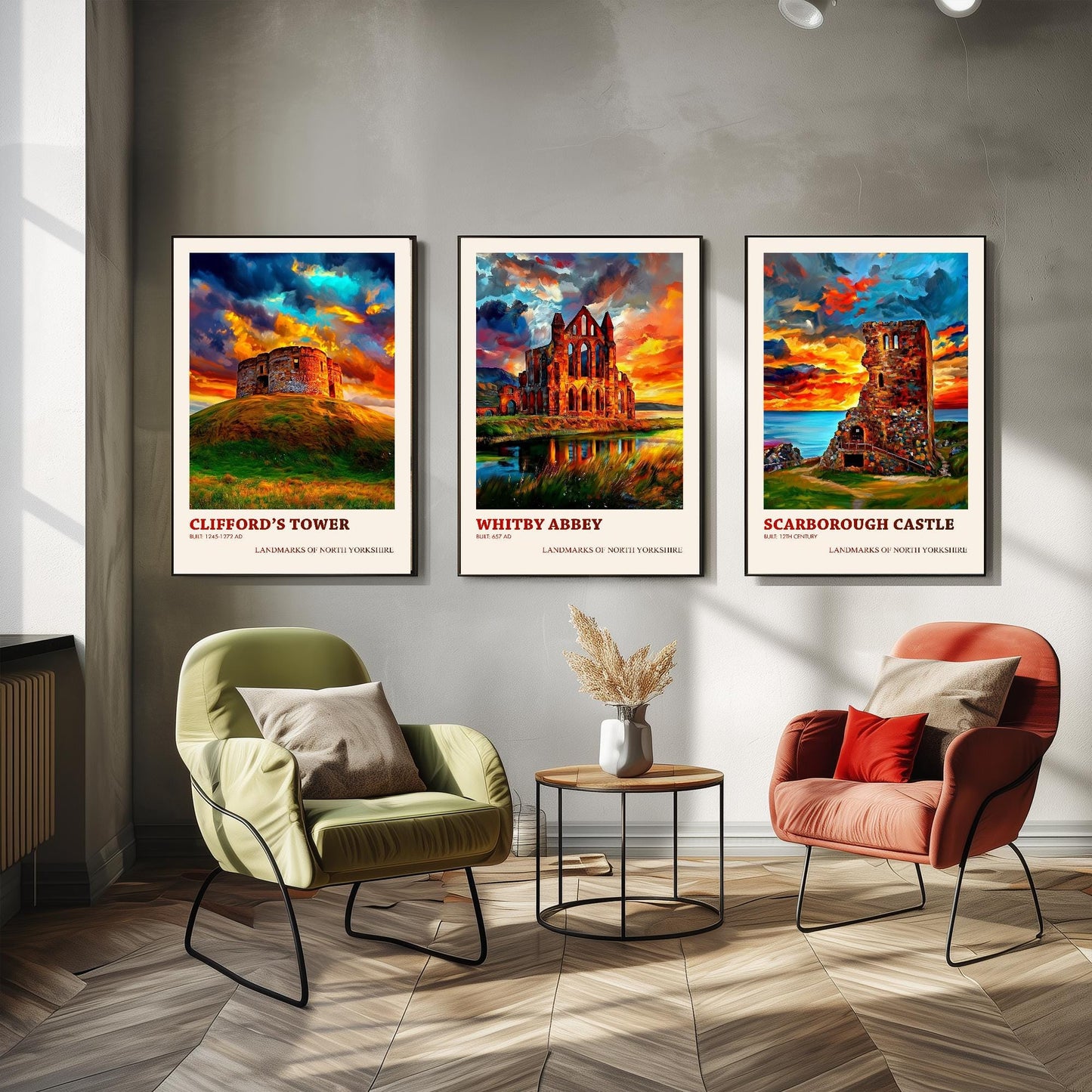 North Yorkshire Landmarks - Set of Three Art Prints - Clifford's Tower Poster, Whitby Abbey Painting, Scarborough Castle Gift Illustration