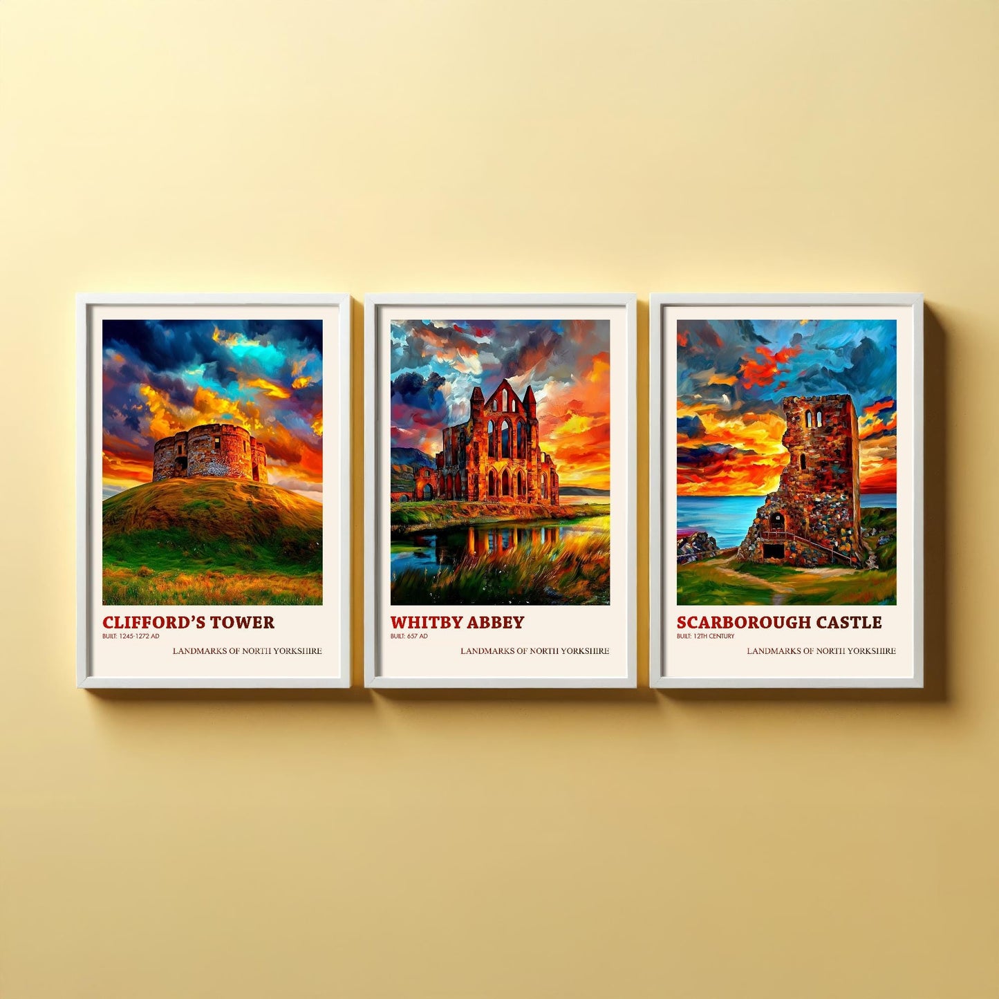 North Yorkshire Landmarks - Set of Three Art Prints - Clifford's Tower Poster, Whitby Abbey Painting, Scarborough Castle Gift Illustration