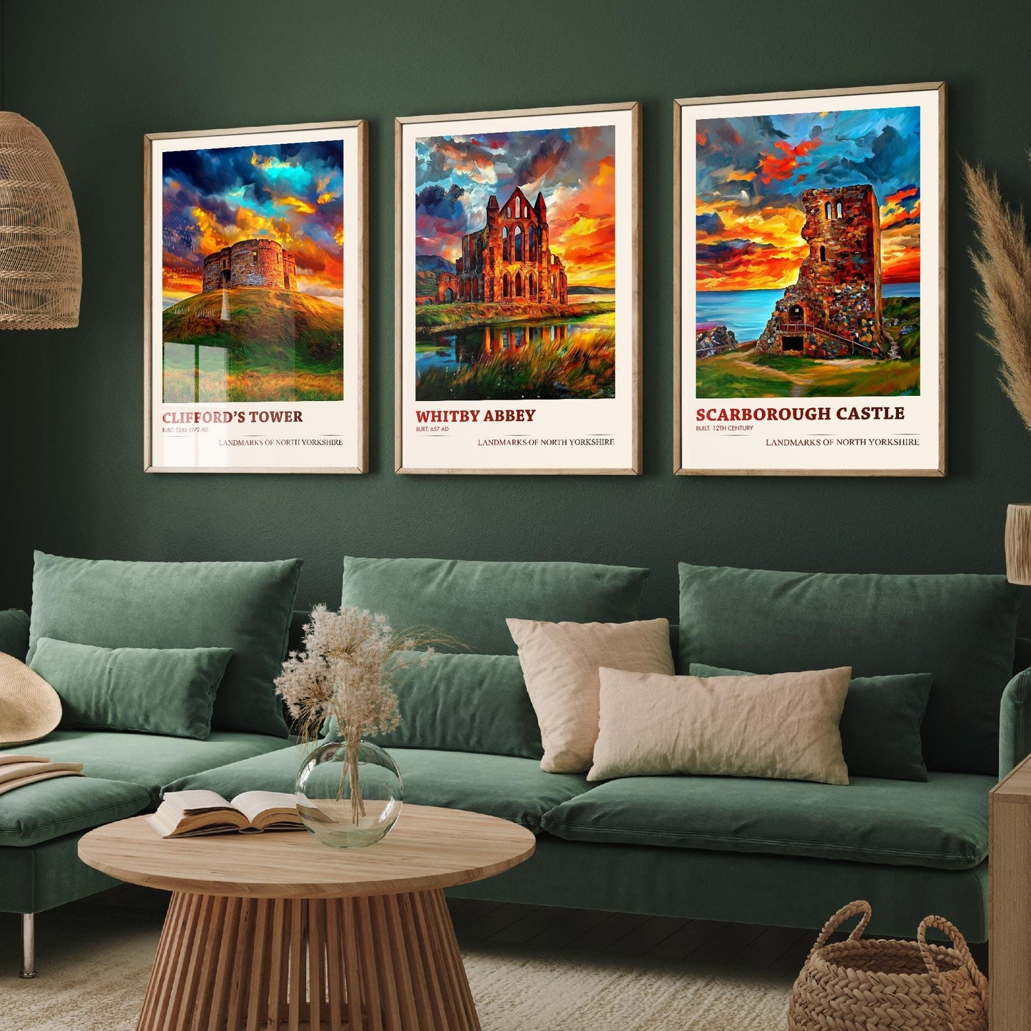 North Yorkshire Landmarks - Set of Three Art Prints - Clifford's Tower Poster, Whitby Abbey Painting, Scarborough Castle Gift Illustration