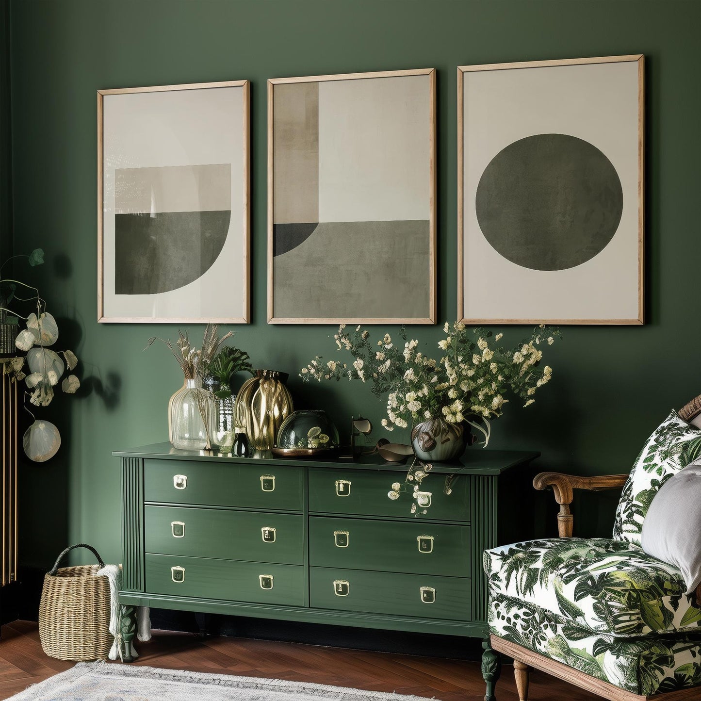 Abstract Geometry in Olive - Set of Three Art Prints - Circle Shape Posters - Muted Rustic Décor - Modern Art Paintings 3