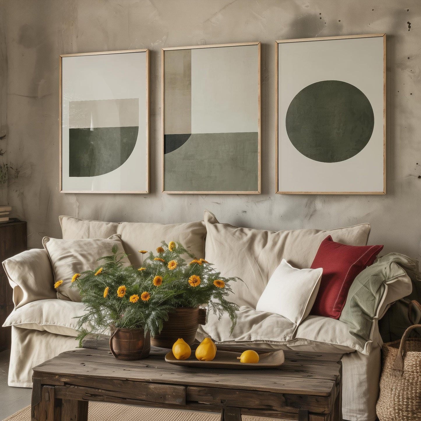Abstract Geometry in Olive - Set of Three Art Prints - Circle Shape Posters - Muted Rustic Décor - Modern Art Paintings 3