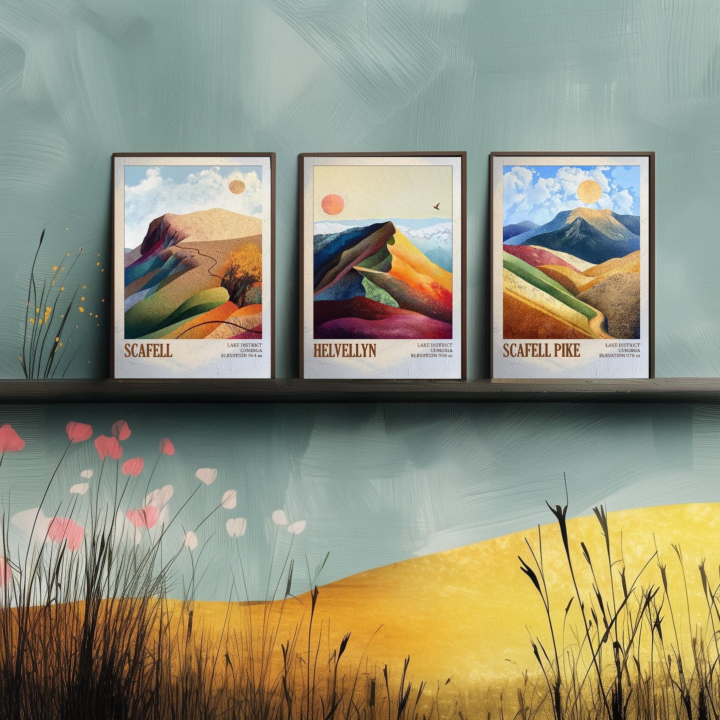 The Three Peaks of England Art Prints - Scafell, Helvellyn & Scafell Pike Posters - 3 Mountain Paintings - Photo Illustration Gift Mount