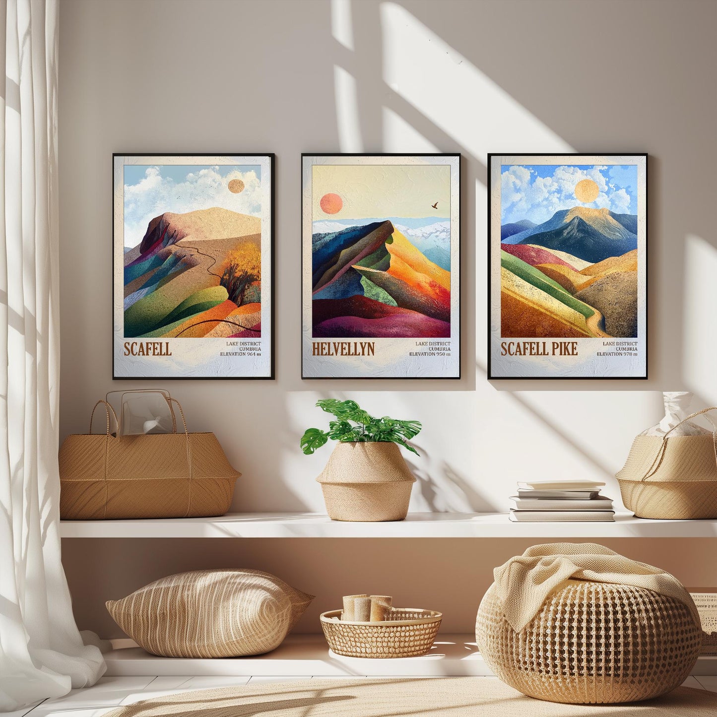The Three Peaks of England Art Prints - Scafell, Helvellyn & Scafell Pike Posters - 3 Mountain Paintings - Photo Illustration Gift Mount