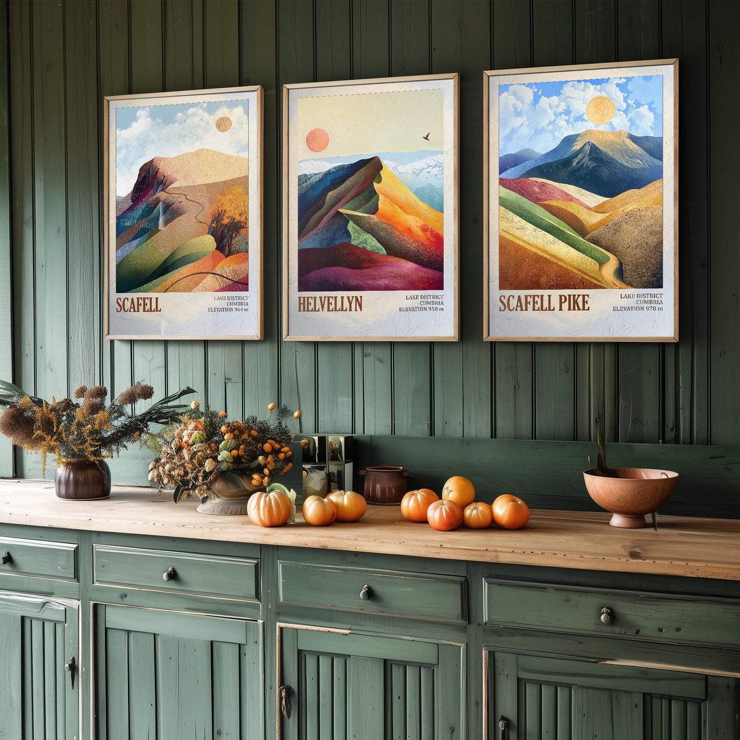 The Three Peaks of England Art Prints - Scafell, Helvellyn & Scafell Pike Posters - 3 Mountain Paintings - Photo Illustration Gift Mount