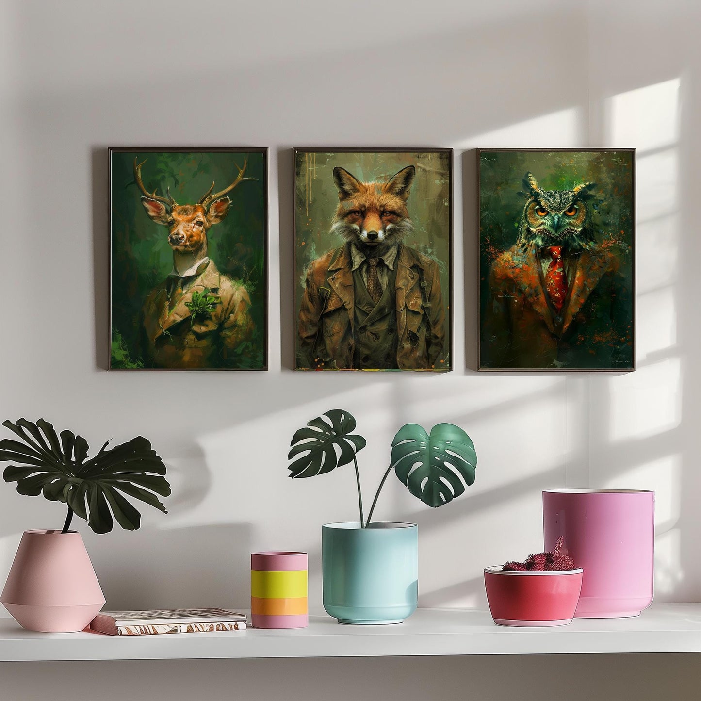 Set of Three Woodland Animals Wearing Suits Paintings - 3 Deer Fox Owl Art Prints - Photo Poster Wall Gift Giclée Décor #L2
