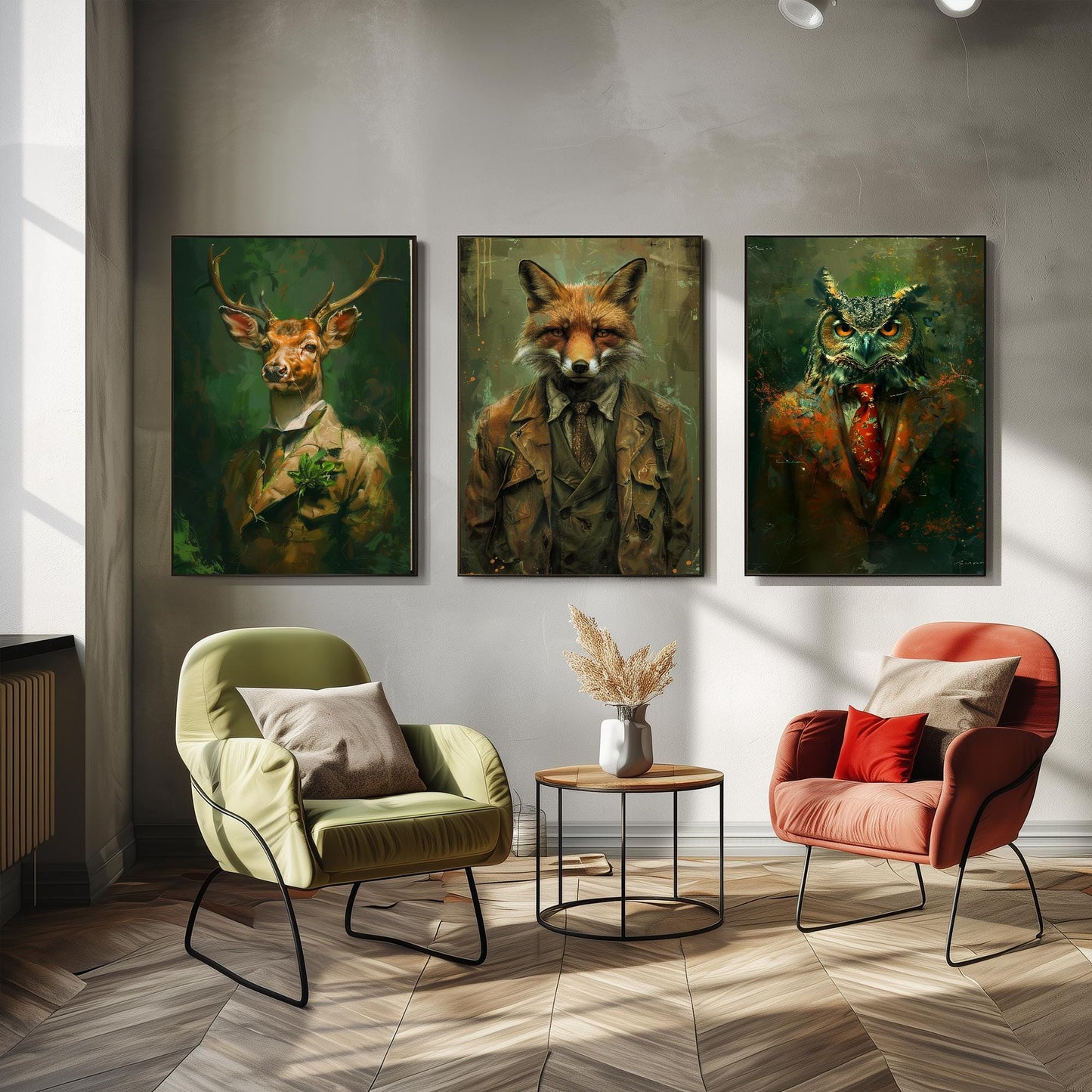 Set of Three Woodland Animals Wearing Suits Paintings - 3 Deer Fox Owl Art Prints - Photo Poster Wall Gift Giclée Décor #L2