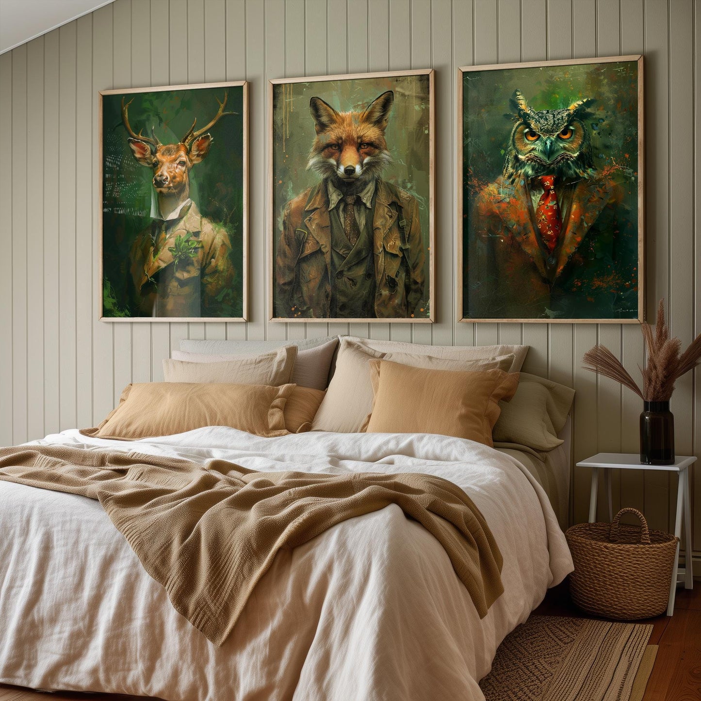 Set of Three Woodland Animals Wearing Suits Paintings - 3 Deer Fox Owl Art Prints - Photo Poster Wall Gift Giclée Décor #L2