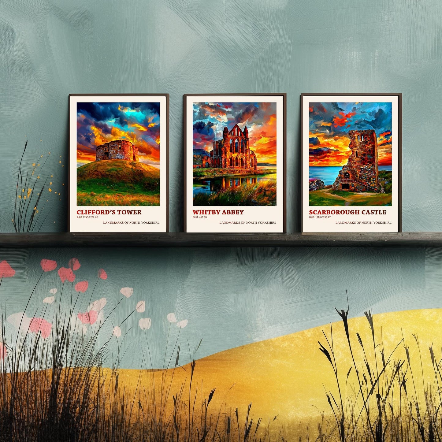 North Yorkshire Landmarks - Set of Three Art Prints - Clifford's Tower Poster, Whitby Abbey Painting, Scarborough Castle Gift Illustration