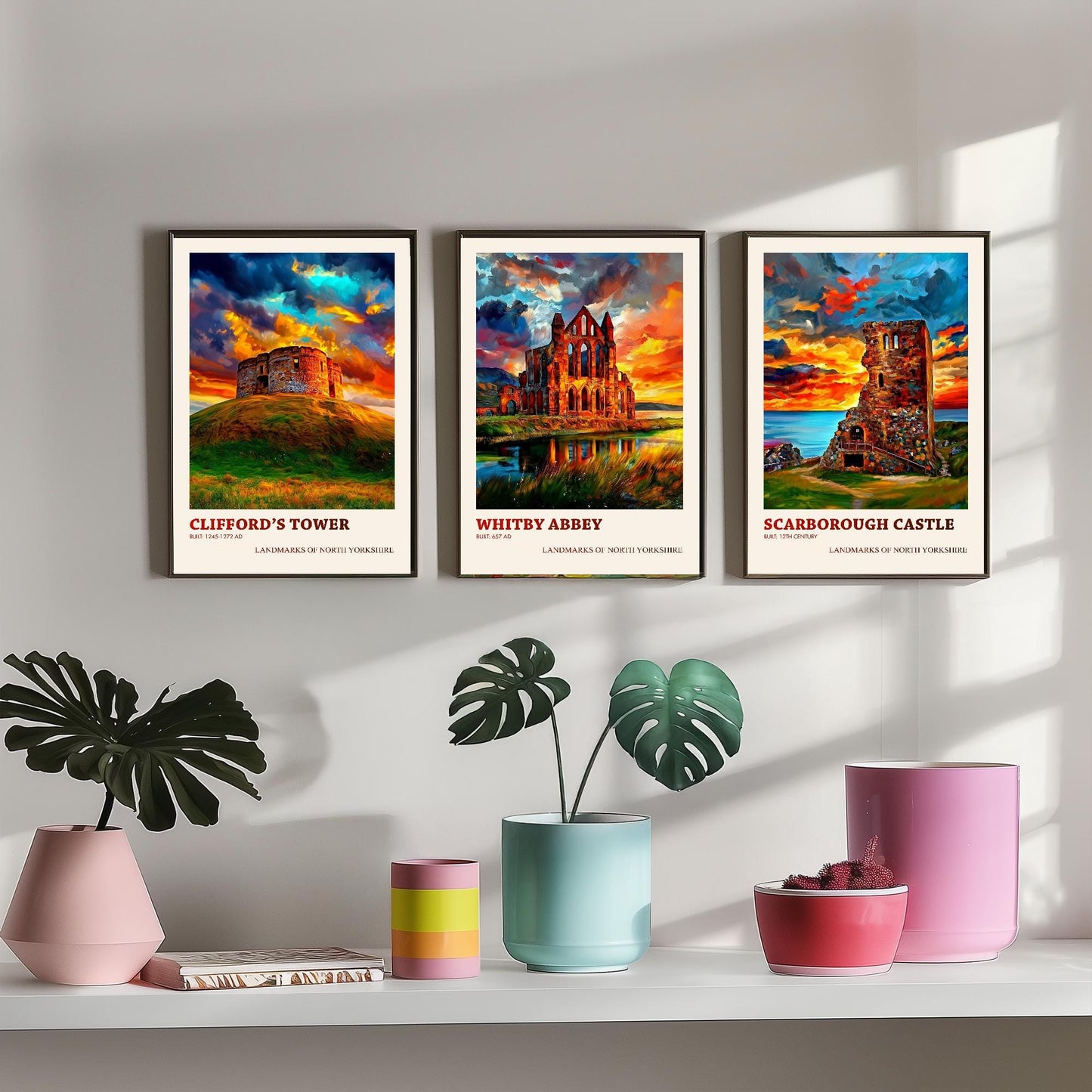 North Yorkshire Landmarks - Set of Three Art Prints - Clifford's Tower Poster, Whitby Abbey Painting, Scarborough Castle Gift Illustration