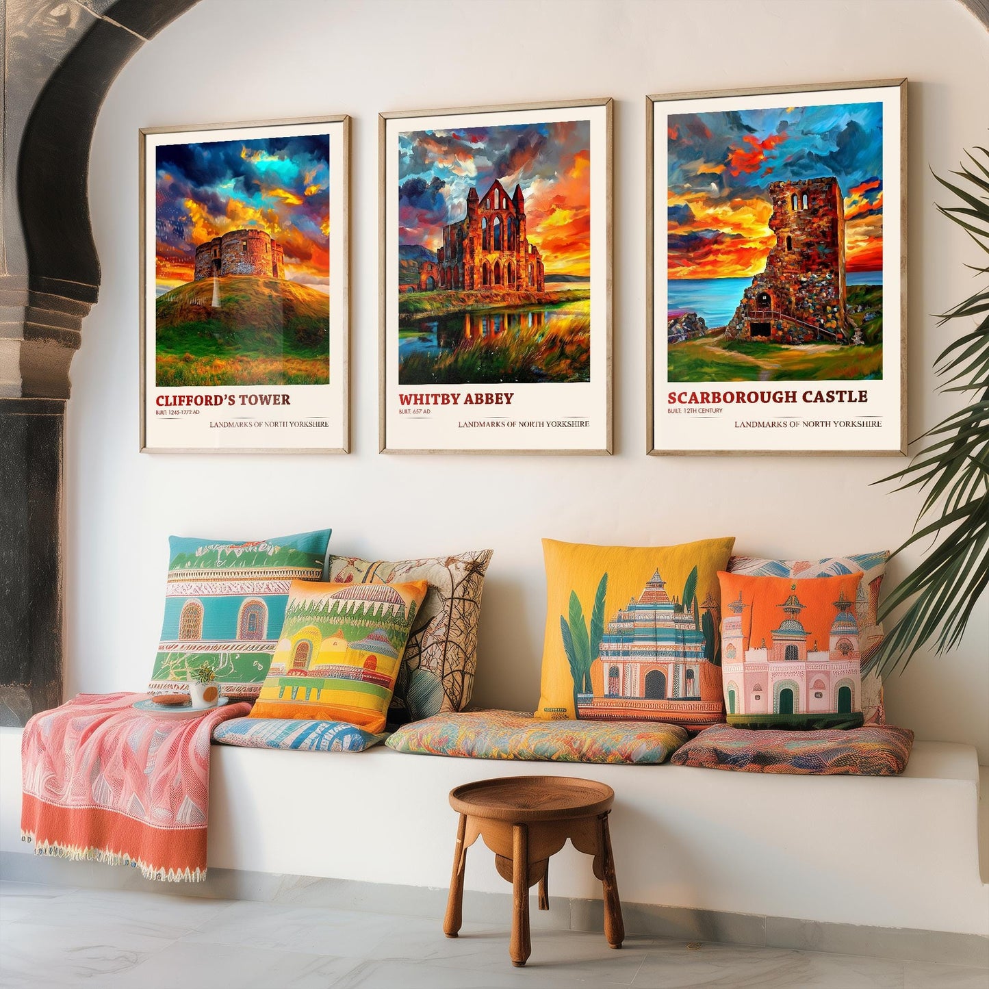 North Yorkshire Landmarks - Set of Three Art Prints - Clifford's Tower Poster, Whitby Abbey Painting, Scarborough Castle Gift Illustration