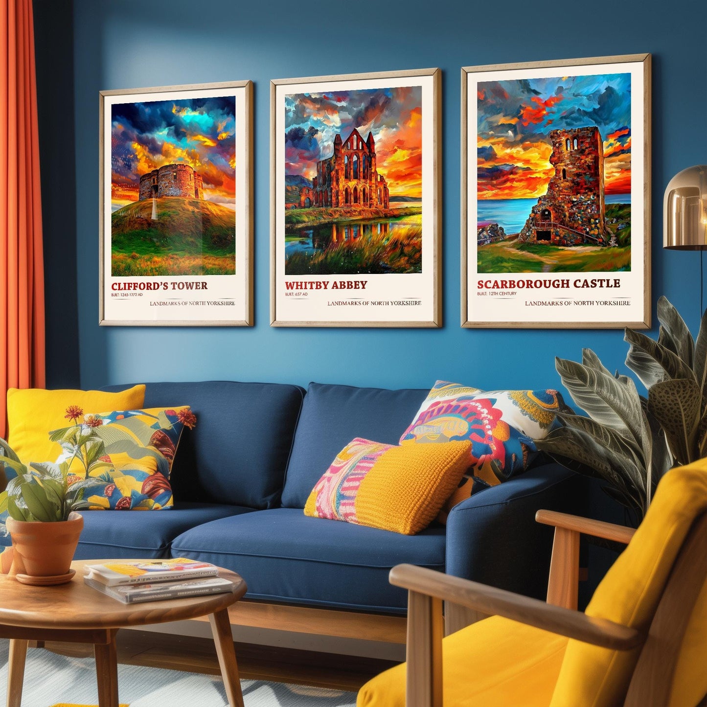 North Yorkshire Landmarks - Set of Three Art Prints - Clifford's Tower Poster, Whitby Abbey Painting, Scarborough Castle Gift Illustration