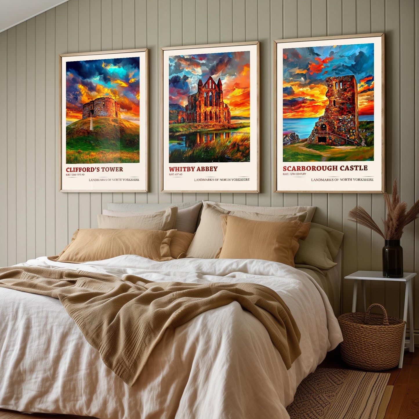 North Yorkshire Landmarks - Set of Three Art Prints - Clifford's Tower Poster, Whitby Abbey Painting, Scarborough Castle Gift Illustration
