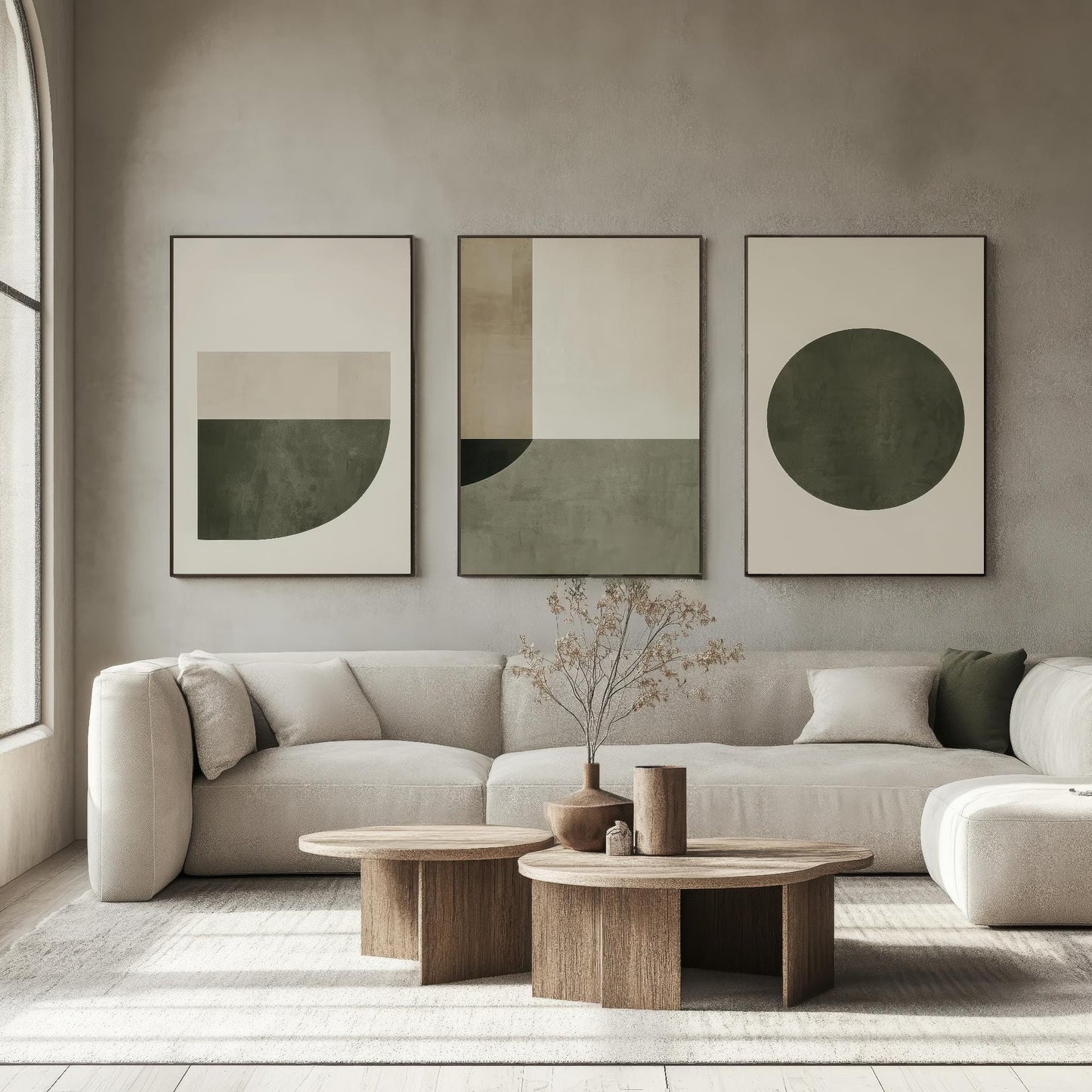 Abstract Geometry in Olive - Set of Three Art Prints - Circle Shape Posters - Muted Rustic Décor - Modern Art Paintings 3