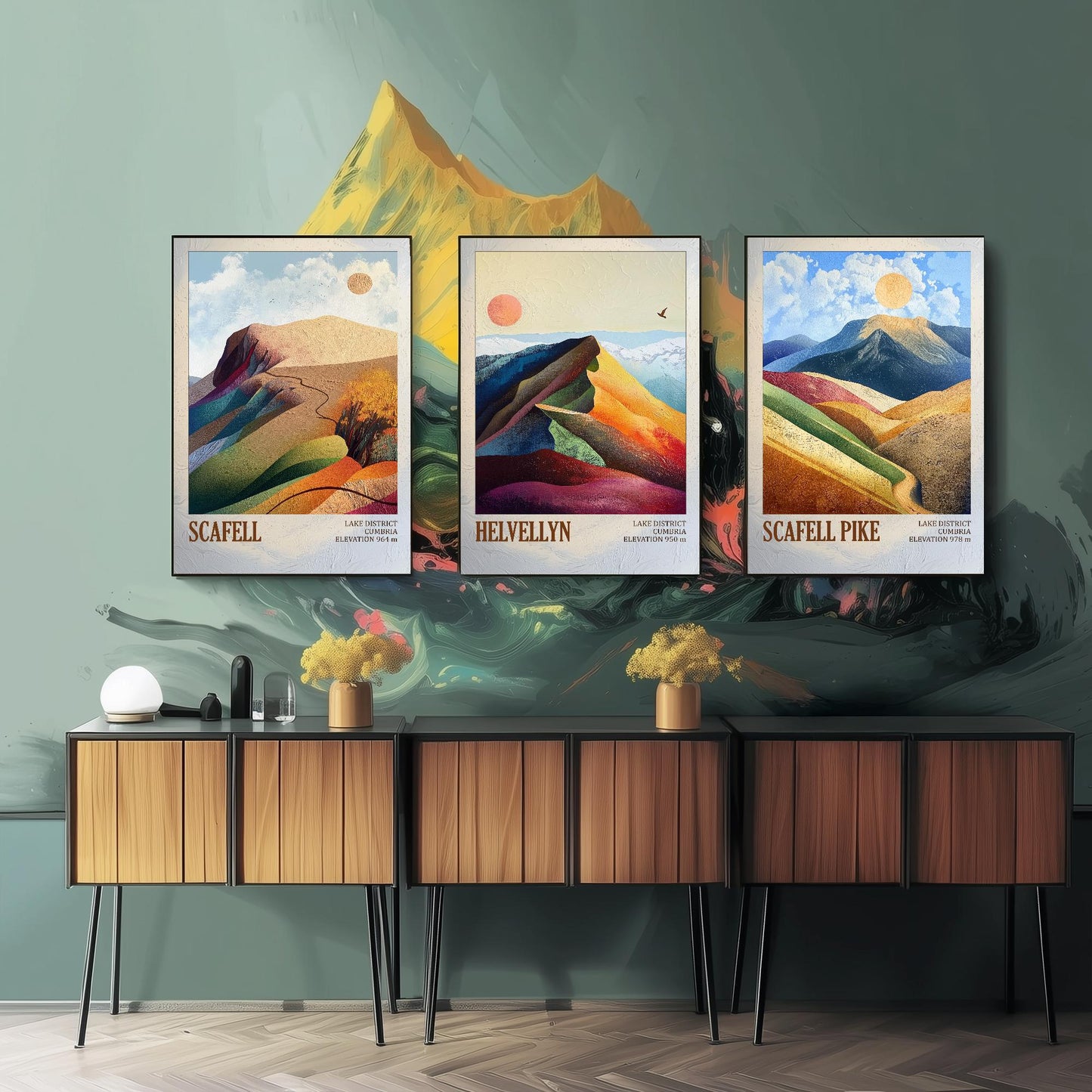The Three Peaks of England Art Prints - Scafell, Helvellyn & Scafell Pike Posters - 3 Mountain Paintings - Photo Illustration Gift Mount