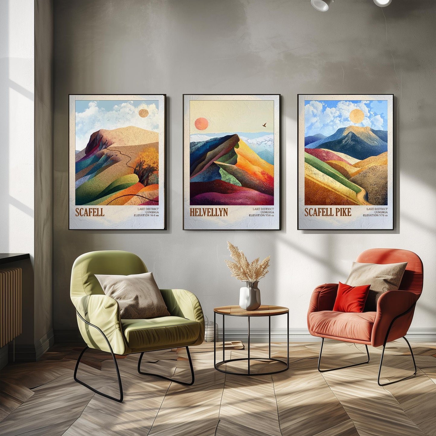 The Three Peaks of England Art Prints - Scafell, Helvellyn & Scafell Pike Posters - 3 Mountain Paintings - Photo Illustration Gift Mount