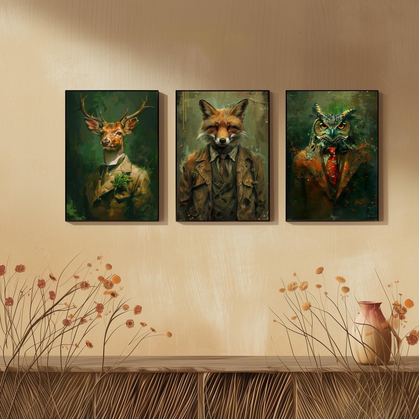 Set of Three Woodland Animals Wearing Suits Paintings - 3 Deer Fox Owl Art Prints - Photo Poster Wall Gift Giclée Décor #L2