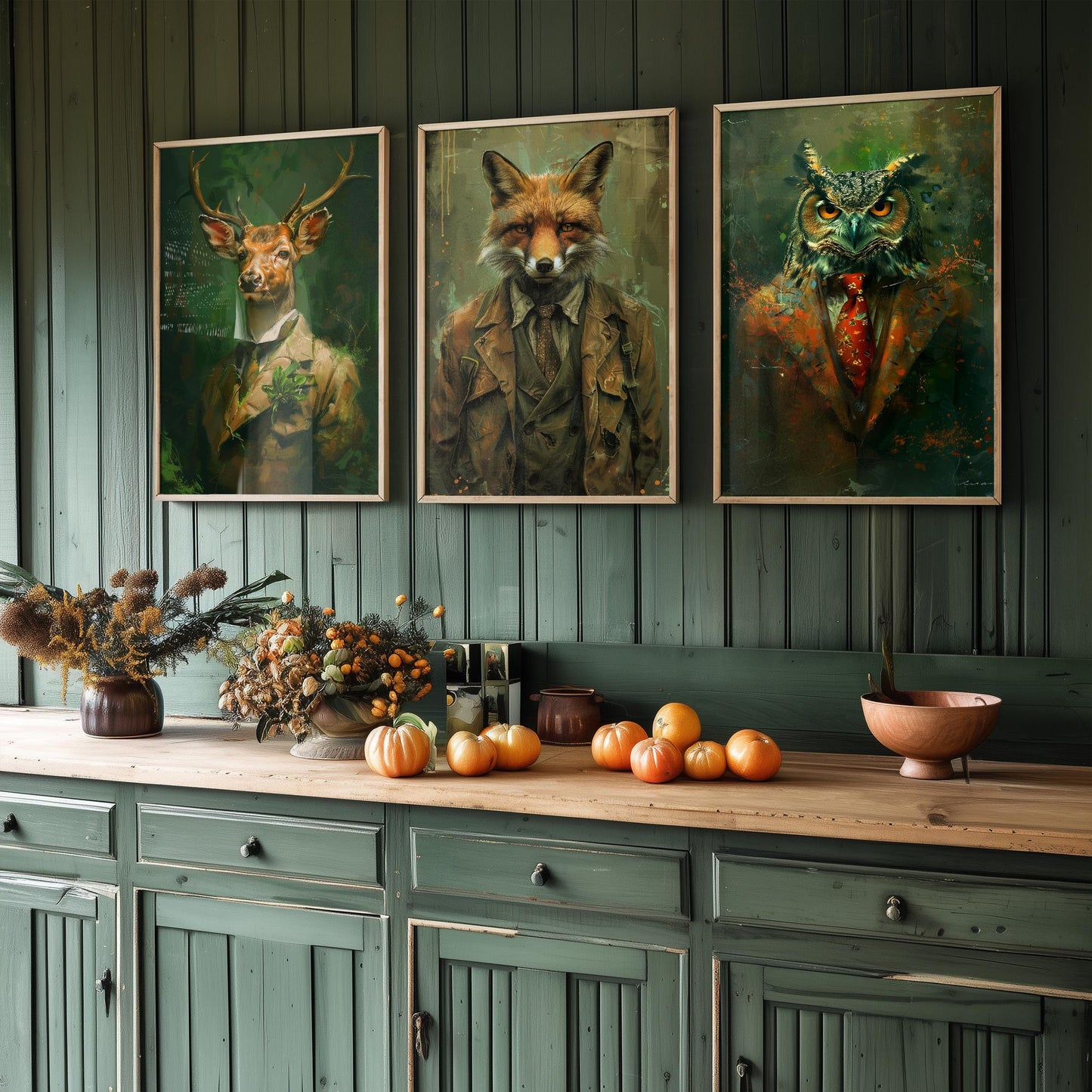 Set of Three Woodland Animals Wearing Suits Paintings - 3 Deer Fox Owl Art Prints - Photo Poster Wall Gift Giclée Décor #L2