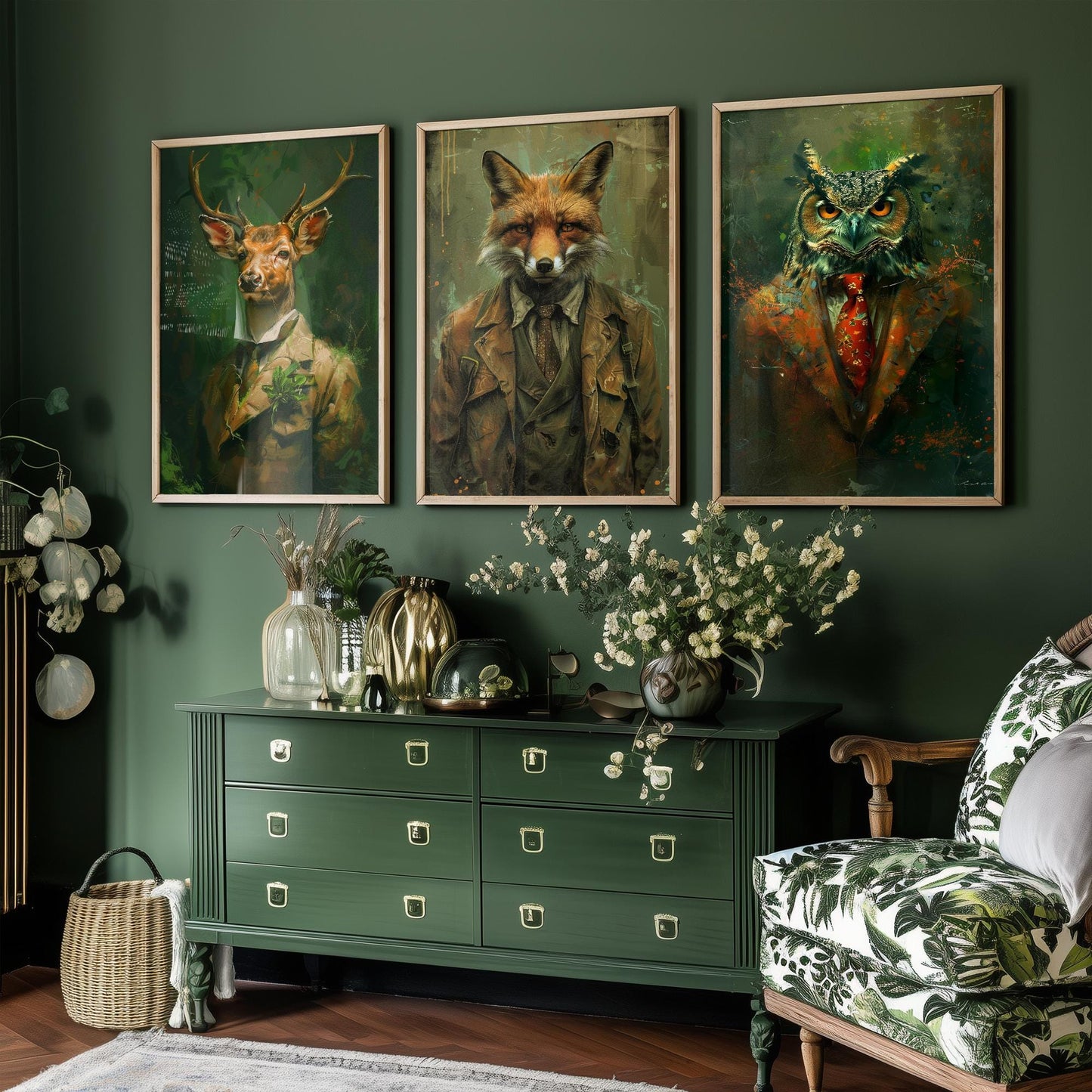 Set of Three Woodland Animals Wearing Suits Paintings - 3 Deer Fox Owl Art Prints - Photo Poster Wall Gift Giclée Décor #L2