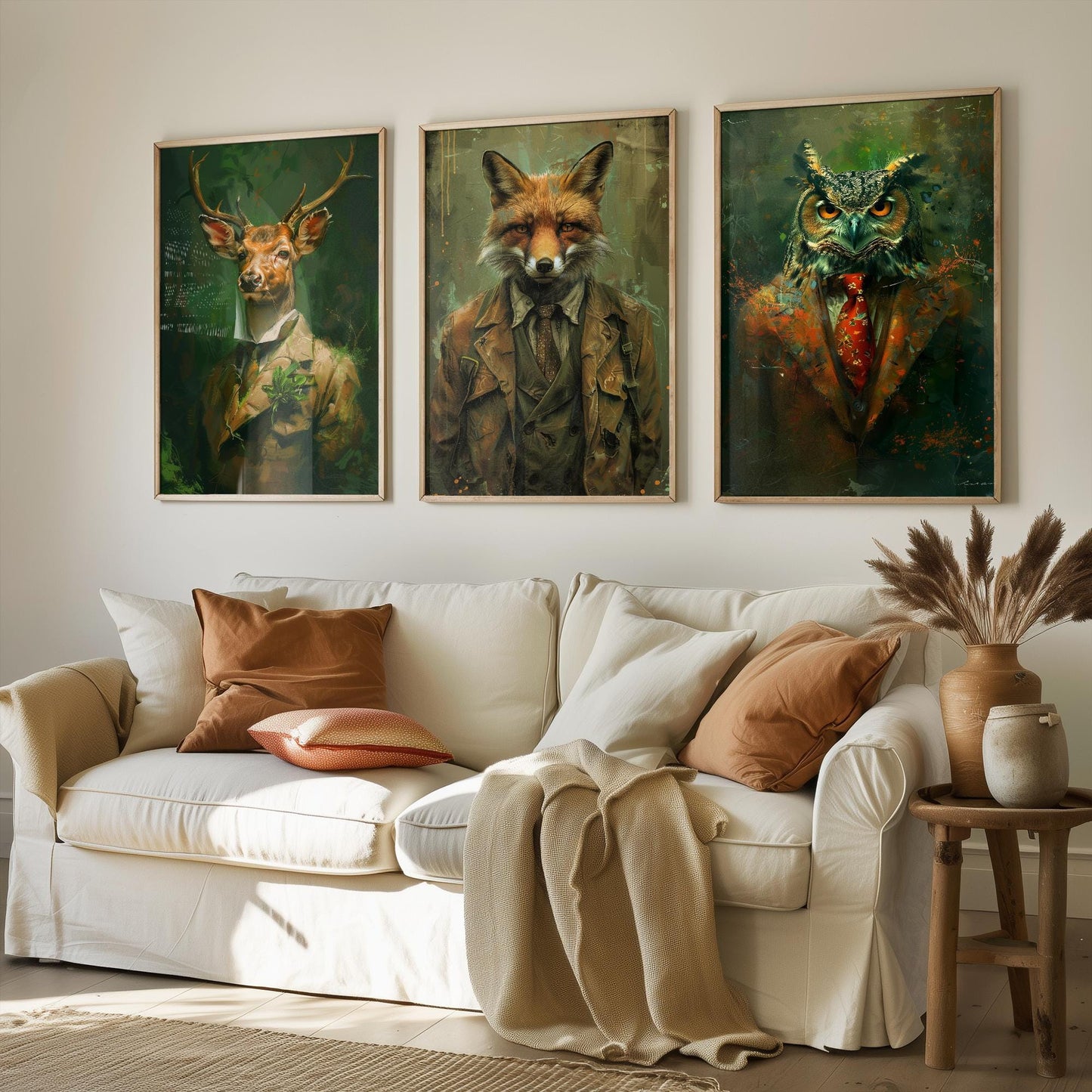 Set of Three Woodland Animals Wearing Suits Paintings - 3 Deer Fox Owl Art Prints - Photo Poster Wall Gift Giclée Décor #L2
