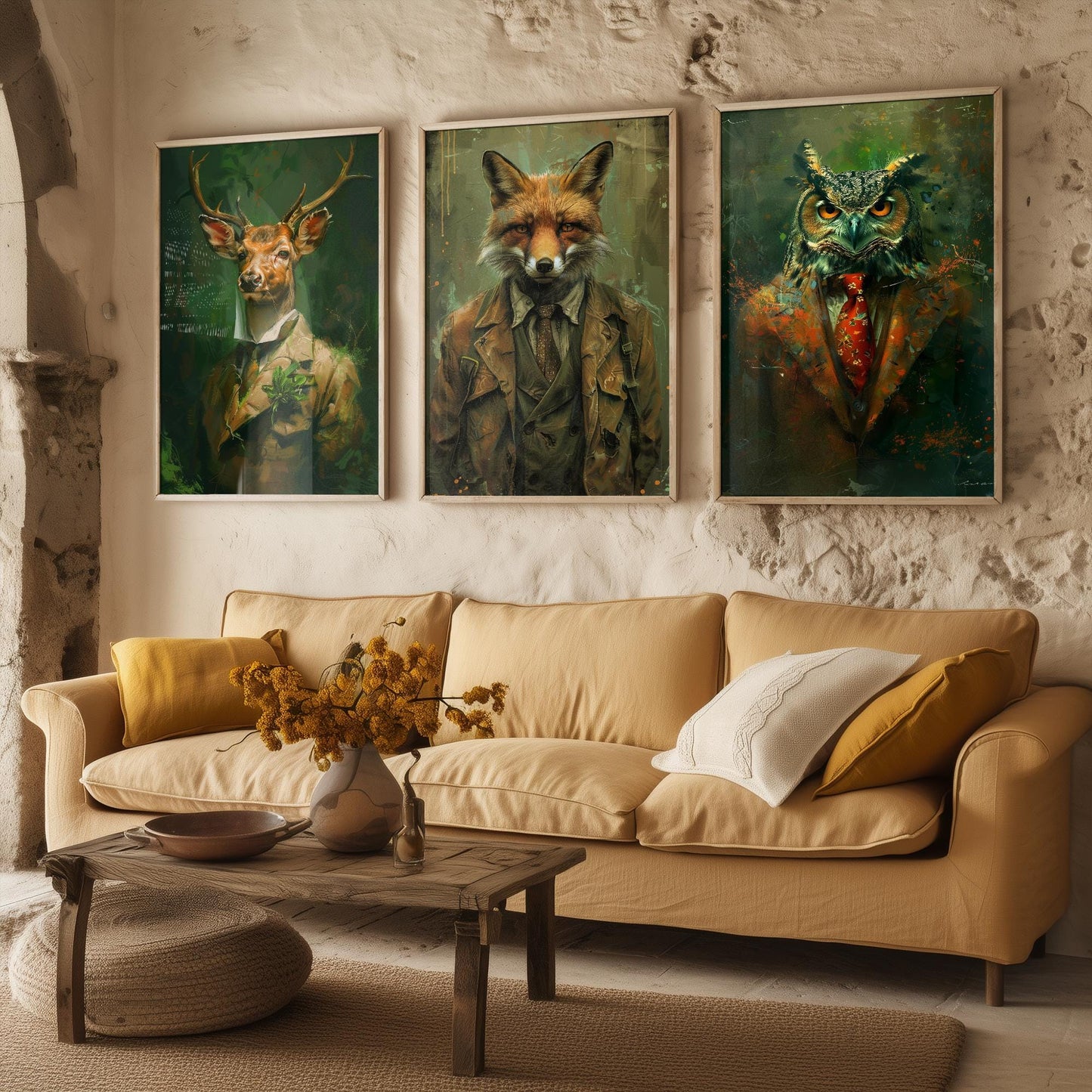 Set of Three Woodland Animals Wearing Suits Paintings - 3 Deer Fox Owl Art Prints - Photo Poster Wall Gift Giclée Décor #L2