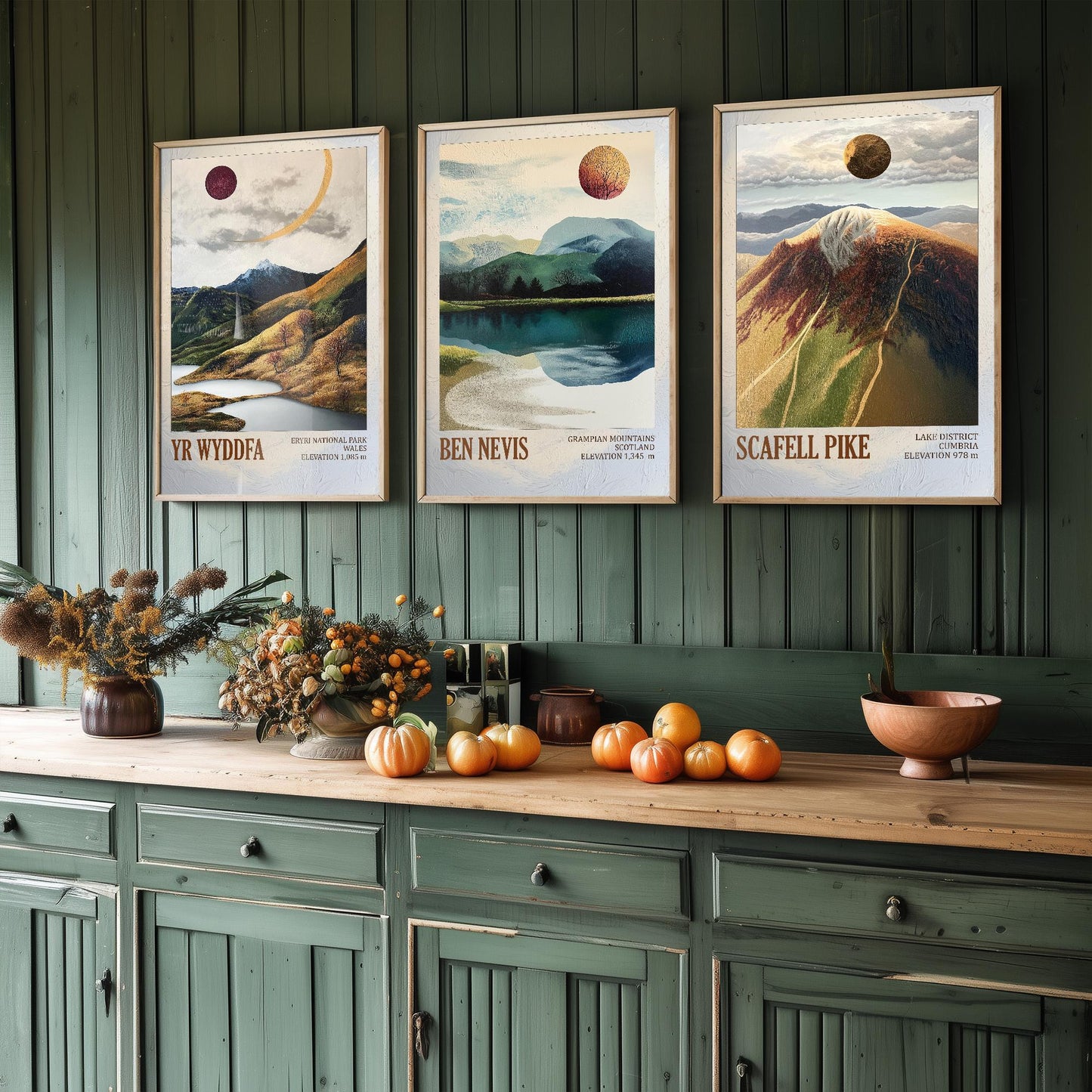 Peaks of Great Britain Set of Three Art Prints - Yr Wyddfa, Ben Nevis and Scafell Pike Posters - 3 Mountain Paintings - Layers of Foil Gift