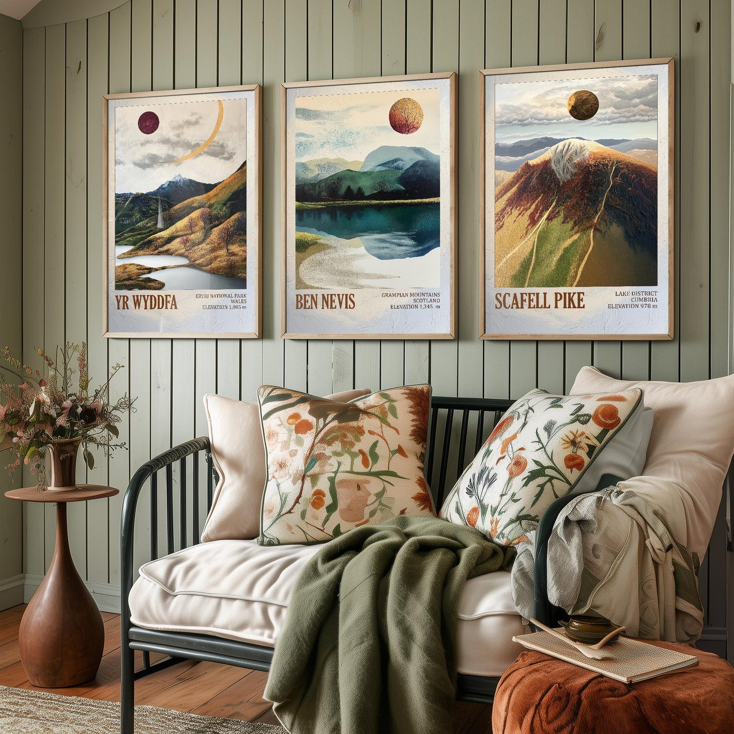 Peaks of Great Britain Set of Three Art Prints - Yr Wyddfa, Ben Nevis and Scafell Pike Posters - 3 Mountain Paintings - Layers of Foil Gift