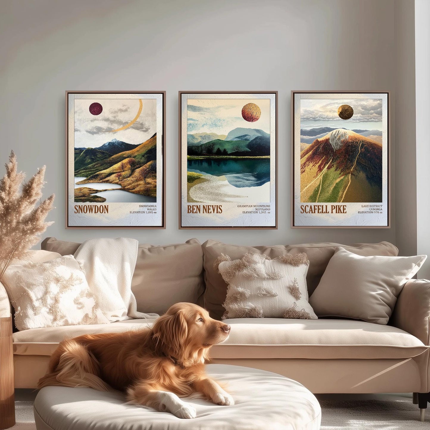 Peaks of Great Britain Set of Three Art Prints - Snowdon, Ben Nevis and Scafell Pike Posters - 3 Mountain Paintings - Layers of Foil Gift