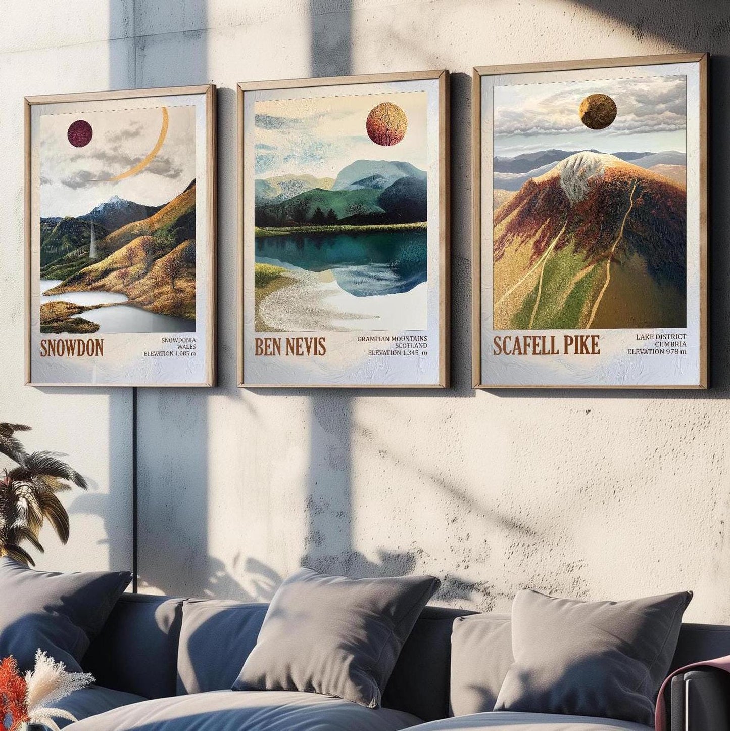 Peaks of Great Britain Set of Three Art Prints - Snowdon, Ben Nevis and Scafell Pike Posters - 3 Mountain Paintings - Layers of Foil Gift