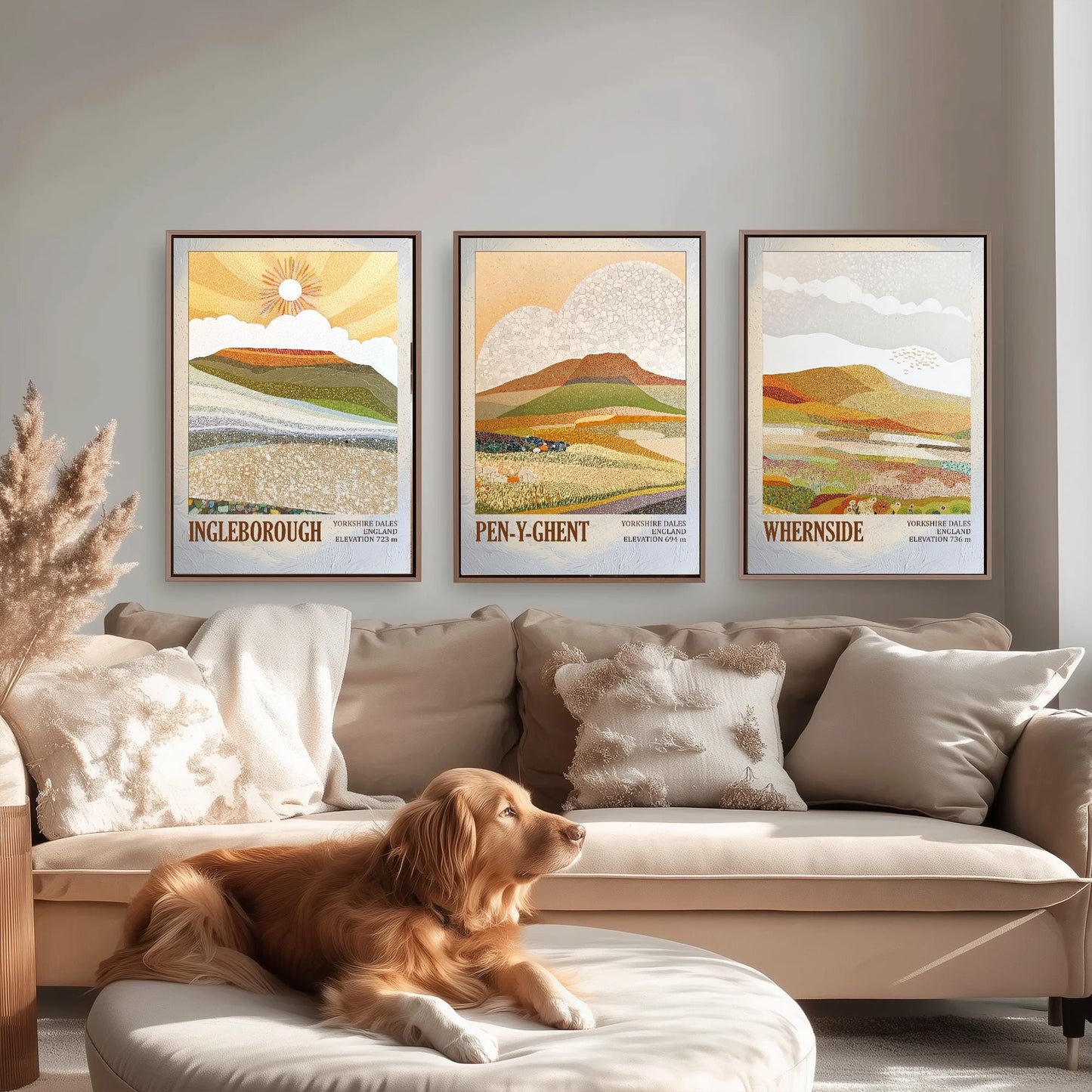 The Yorkshire Three Peaks Challenge - Set of Three Art Print Posters - Ingleborough, Pen-y-Ghent and Whernside - 3 Layers of Foil V1