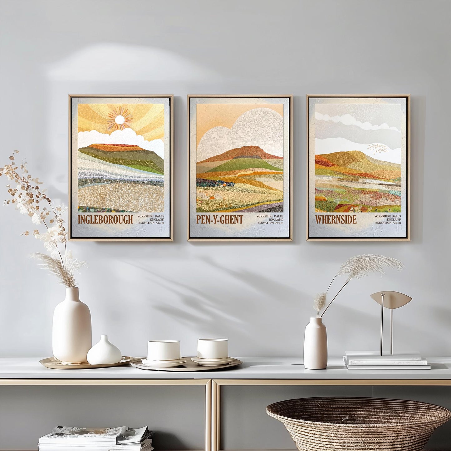 The Yorkshire Three Peaks Challenge - Set of Three Art Print Posters - Ingleborough, Pen-y-Ghent and Whernside - 3 Layers of Foil V1