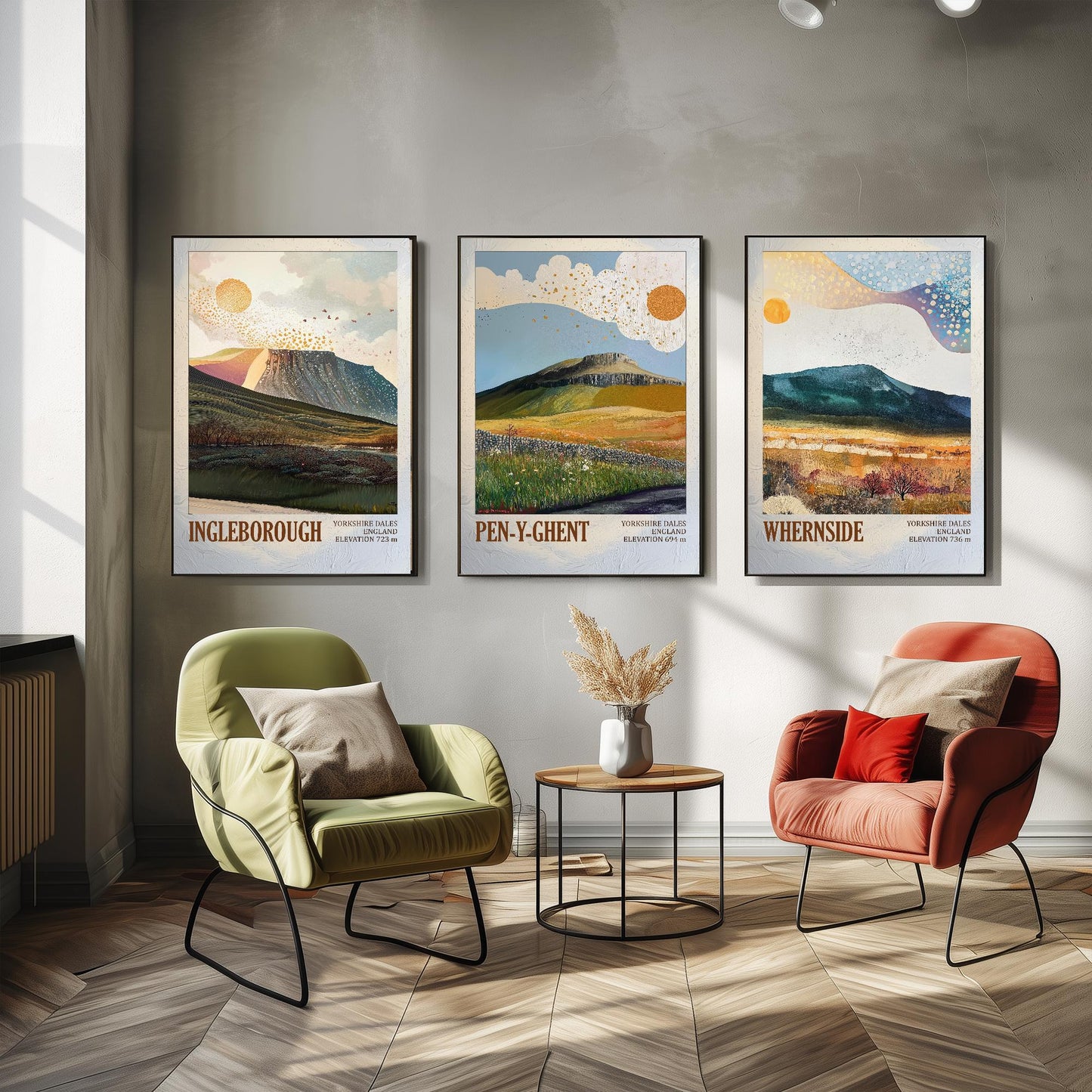 The Yorkshire Three Peaks Challenge - Set of Three Art Print Posters - Ingleborough, Pen-y-Ghent and Whernside - 3 Layers of Foil V2
