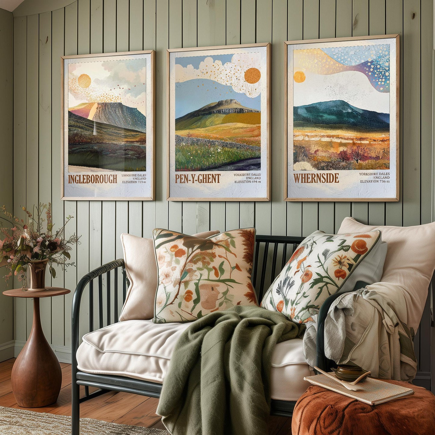 The Yorkshire Three Peaks Challenge - Set of Three Art Print Posters - Ingleborough, Pen-y-Ghent and Whernside - 3 Layers of Foil V2