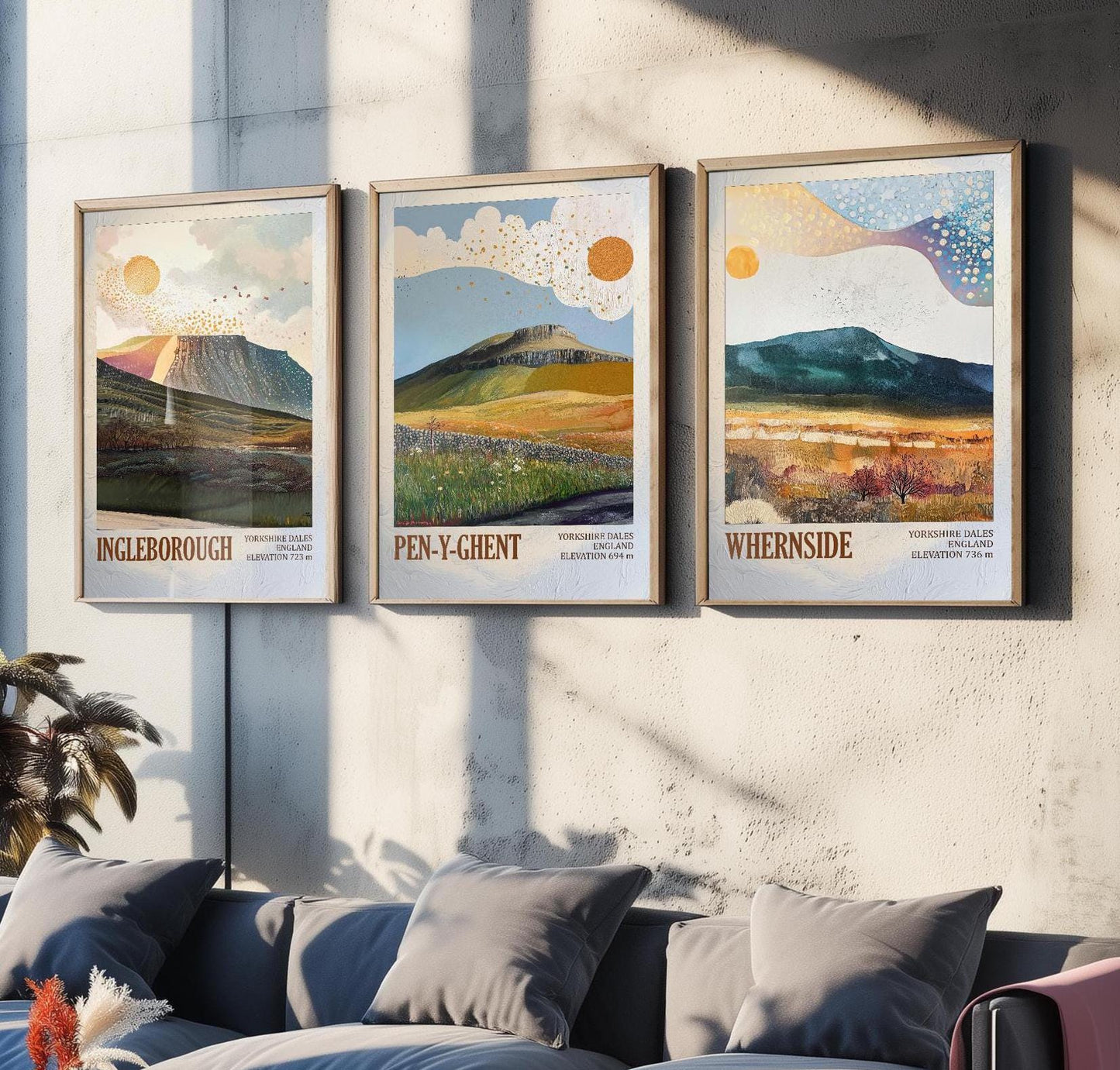 The Yorkshire Three Peaks Challenge - Set of Three Art Print Posters - Ingleborough, Pen-y-Ghent and Whernside - 3 Layers of Foil V2