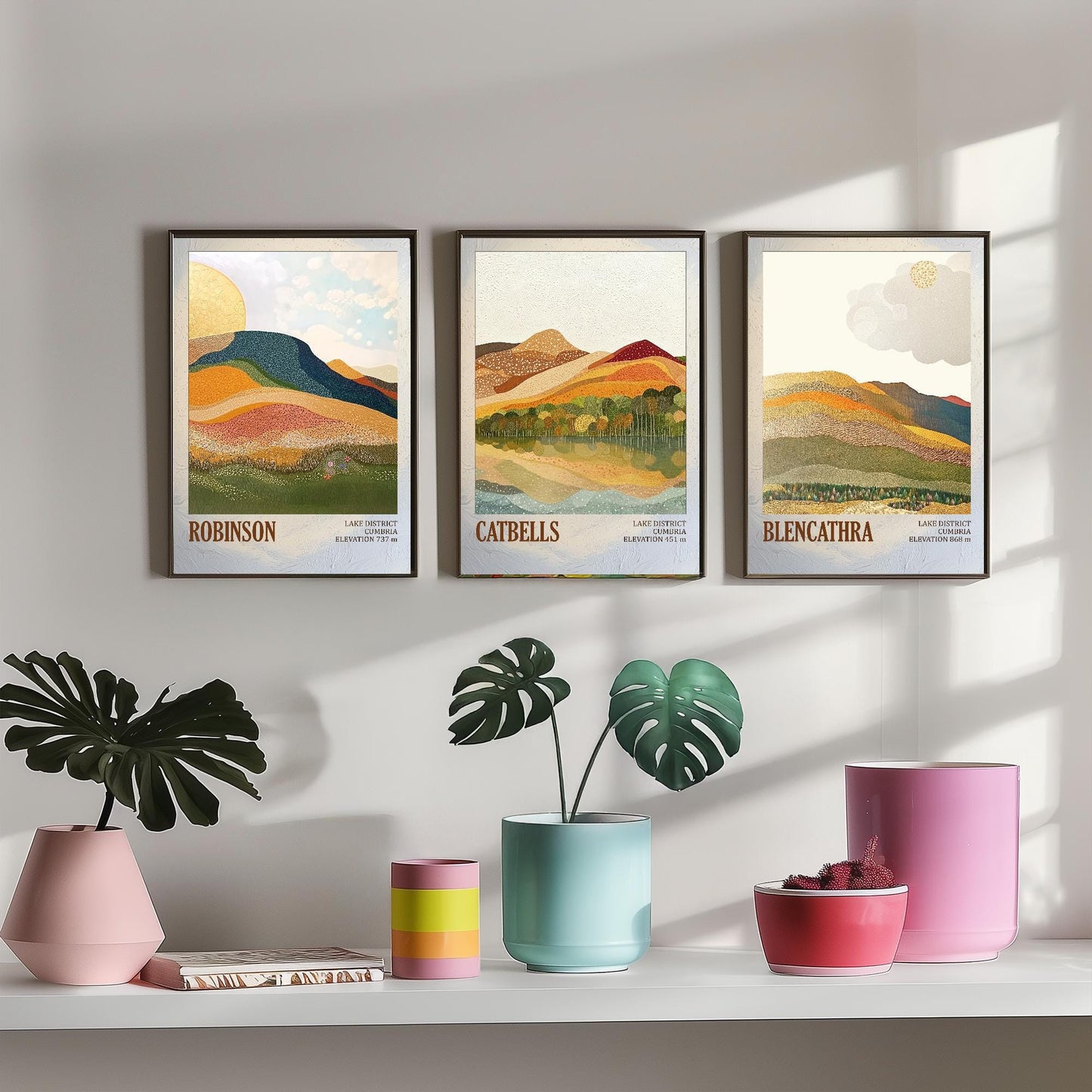The Lake District Mountains - Set of Three Art Print Posters - Robinson, Catbells, Blencathra - 3 Painting Photo Layers of Foil V1