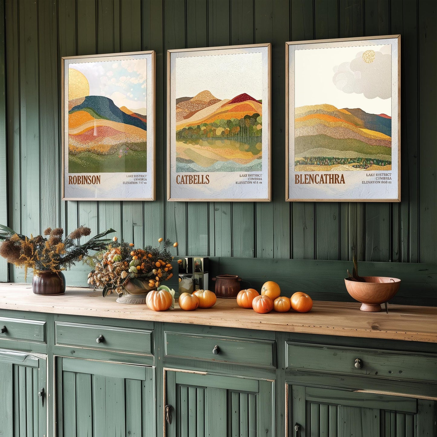 The Lake District Mountains - Set of Three Art Print Posters - Robinson, Catbells, Blencathra - 3 Painting Photo Layers of Foil V1